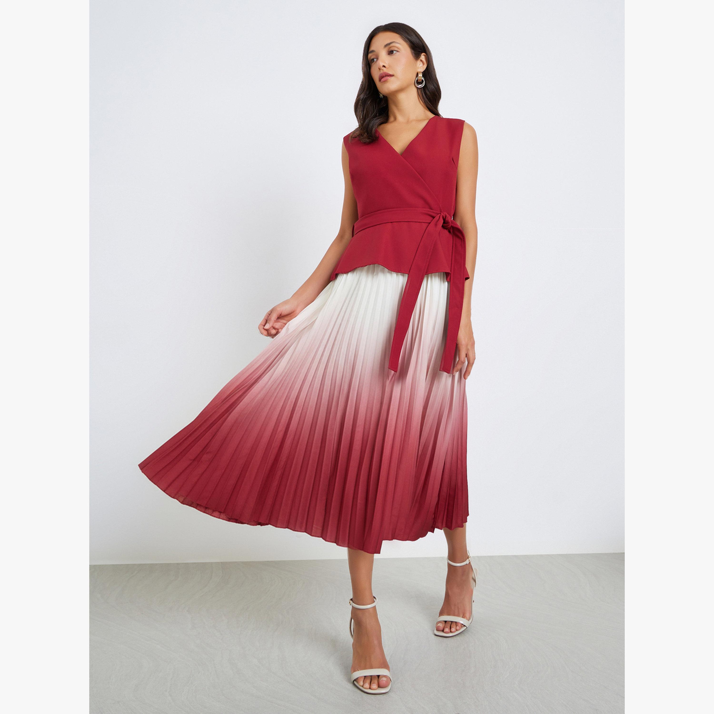 فستان ميدي بطيات ومظهر متدرج وحافة واسعة-women-clothing-dresses-image-1
