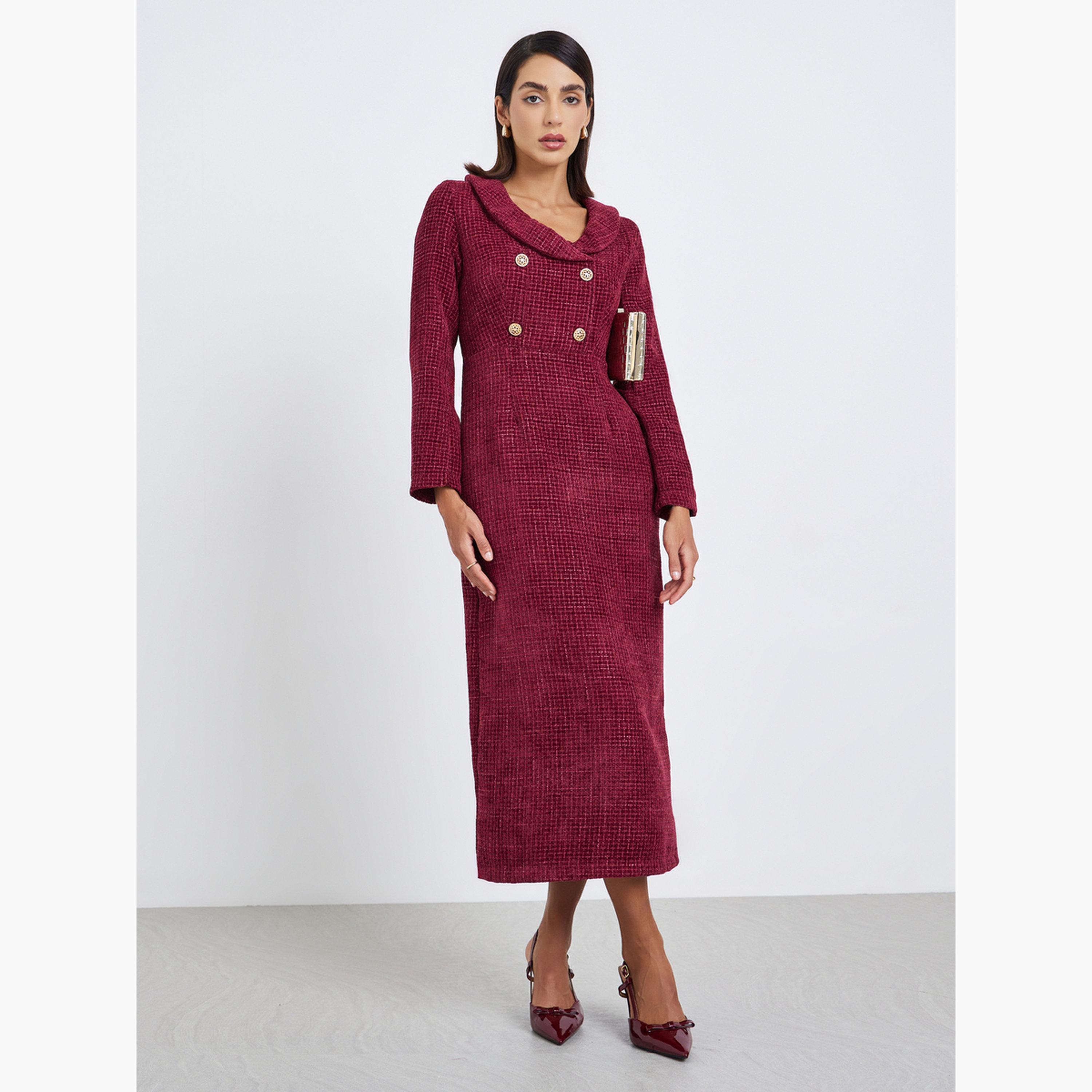 Styli Women Tweed Long Sleeves Sheath Maxi Dress-women-clothing-dresses-image-1