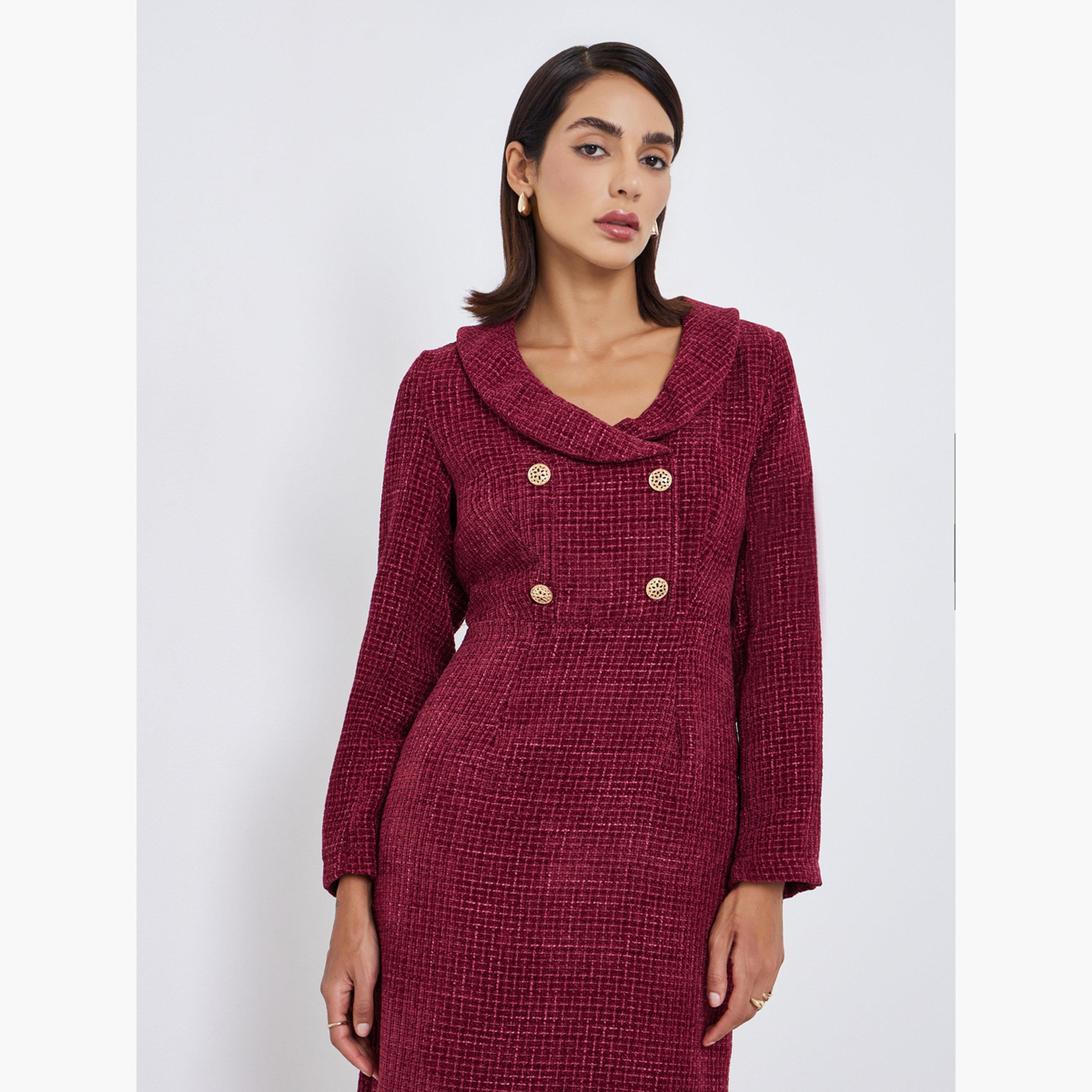 فستان طويل بقصة مستقيمة وأكمام طويلة تويد-women-clothing-dresses-image-2