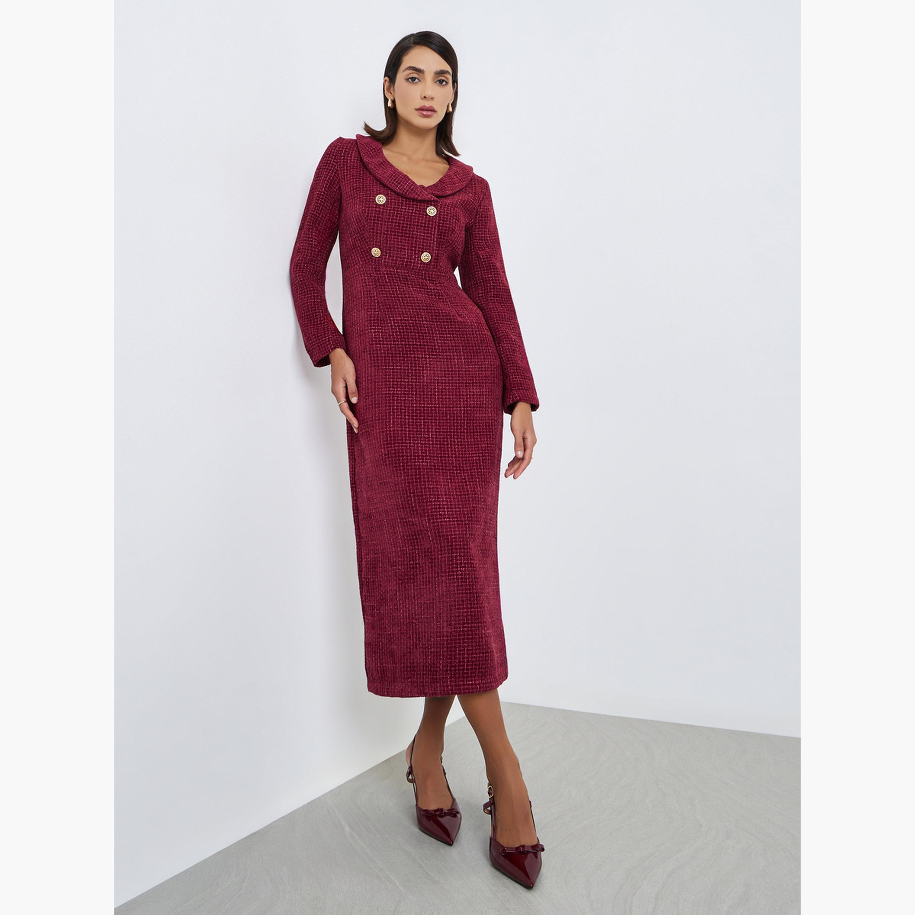 Styli Women Tweed Long Sleeves Sheath Maxi Dress-women-clothing-dresses-image-3