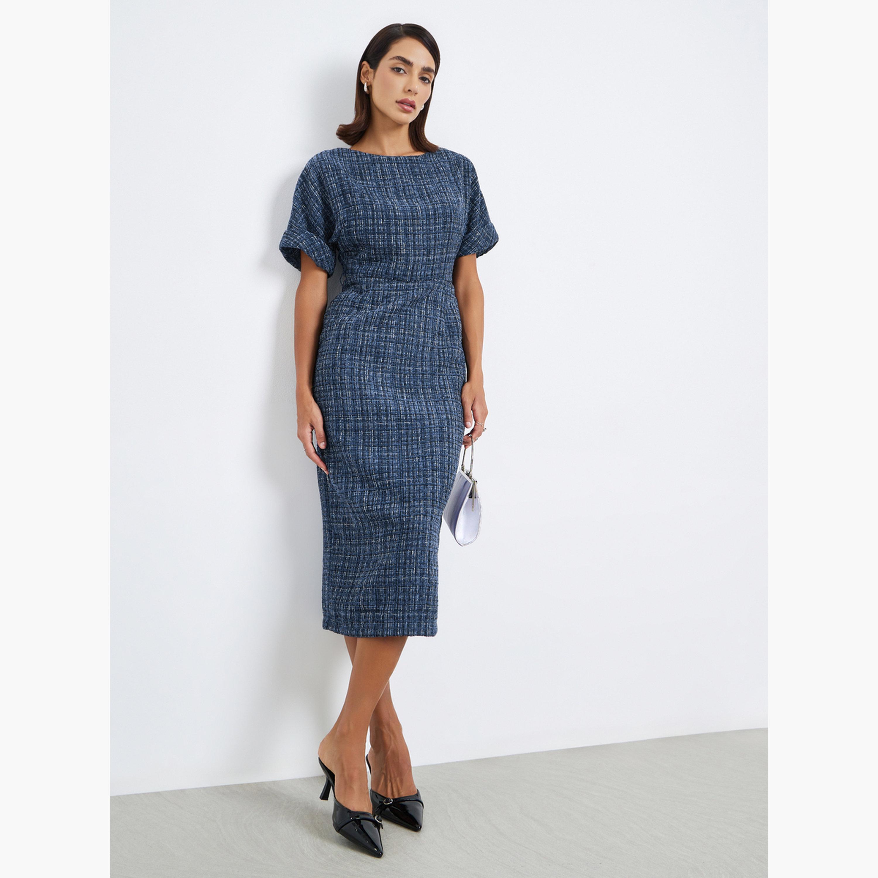فستان ميدي بقصة مستقيمة تويد بحزام-women-clothing-dresses-image-1