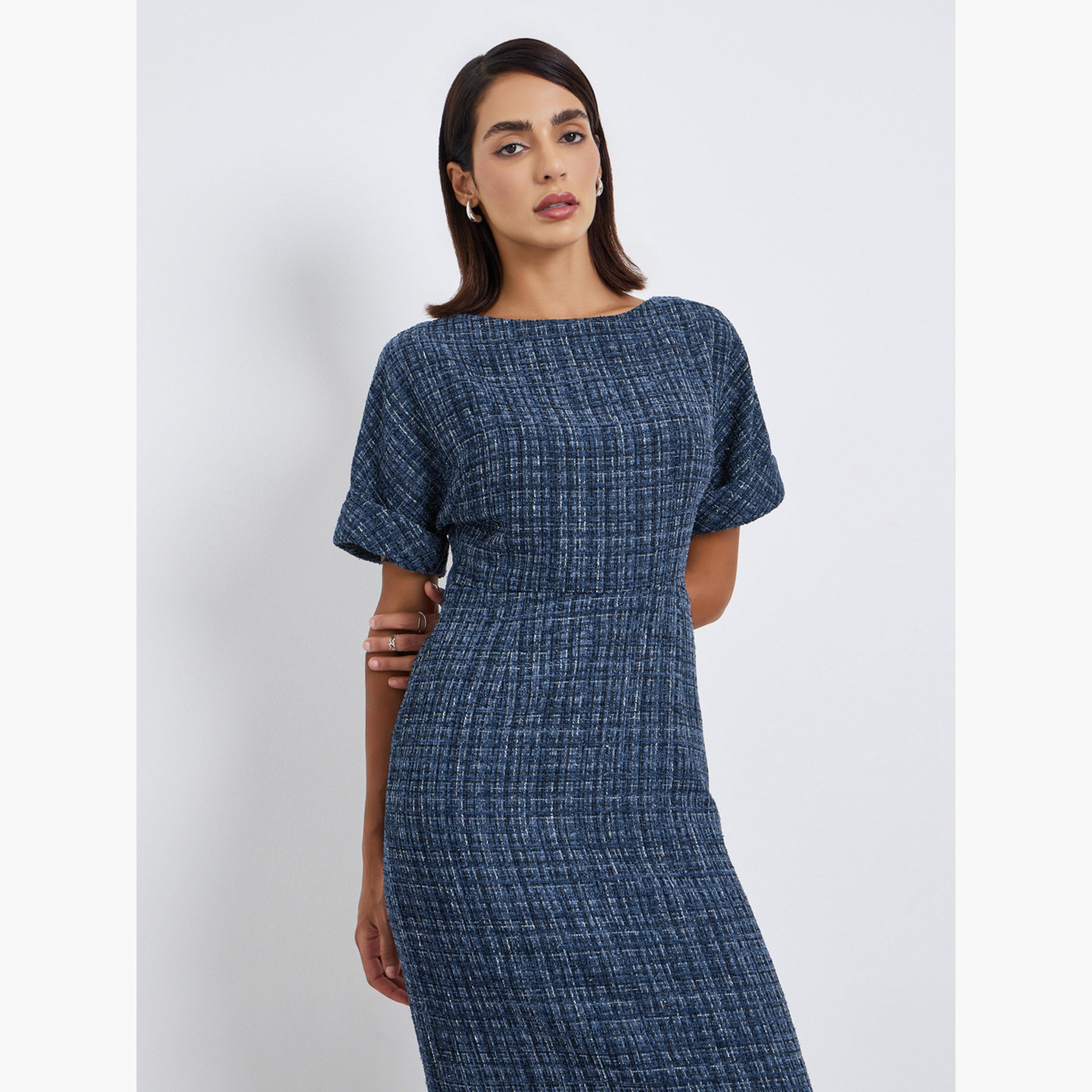 فستان ميدي بقصة مستقيمة تويد بحزام-women-clothing-dresses-image-2