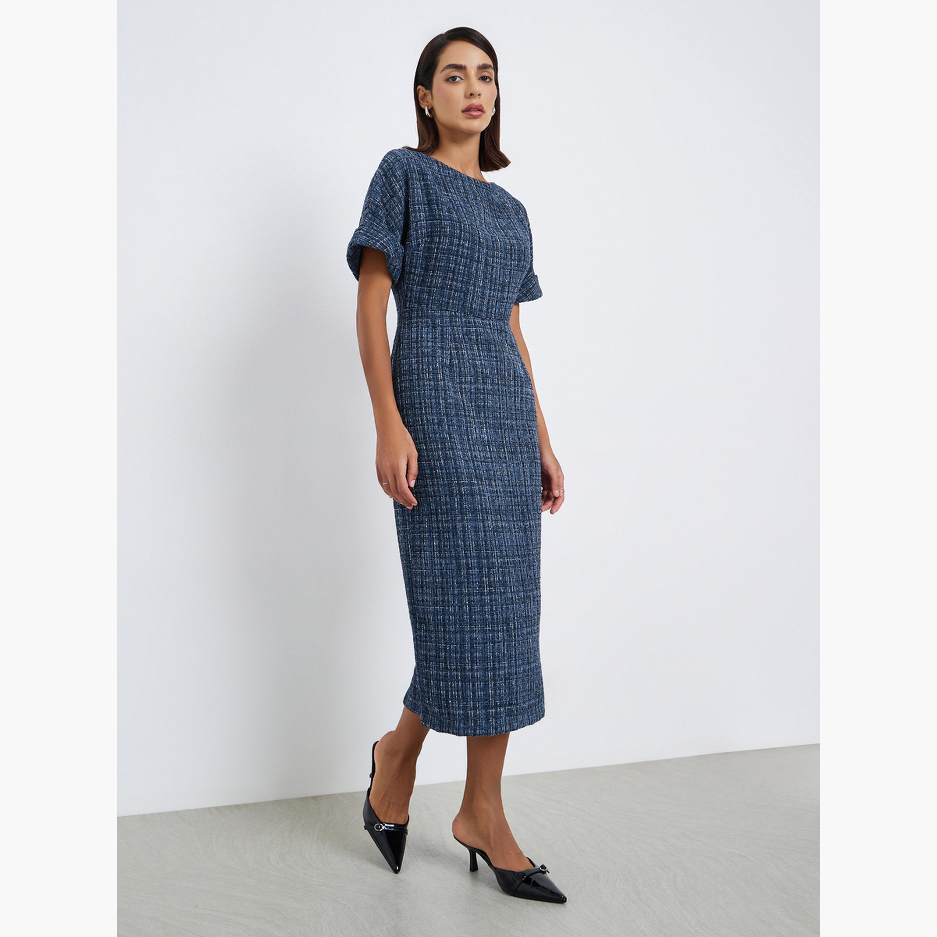 فستان ميدي بقصة مستقيمة تويد بحزام-women-clothing-dresses-image-3