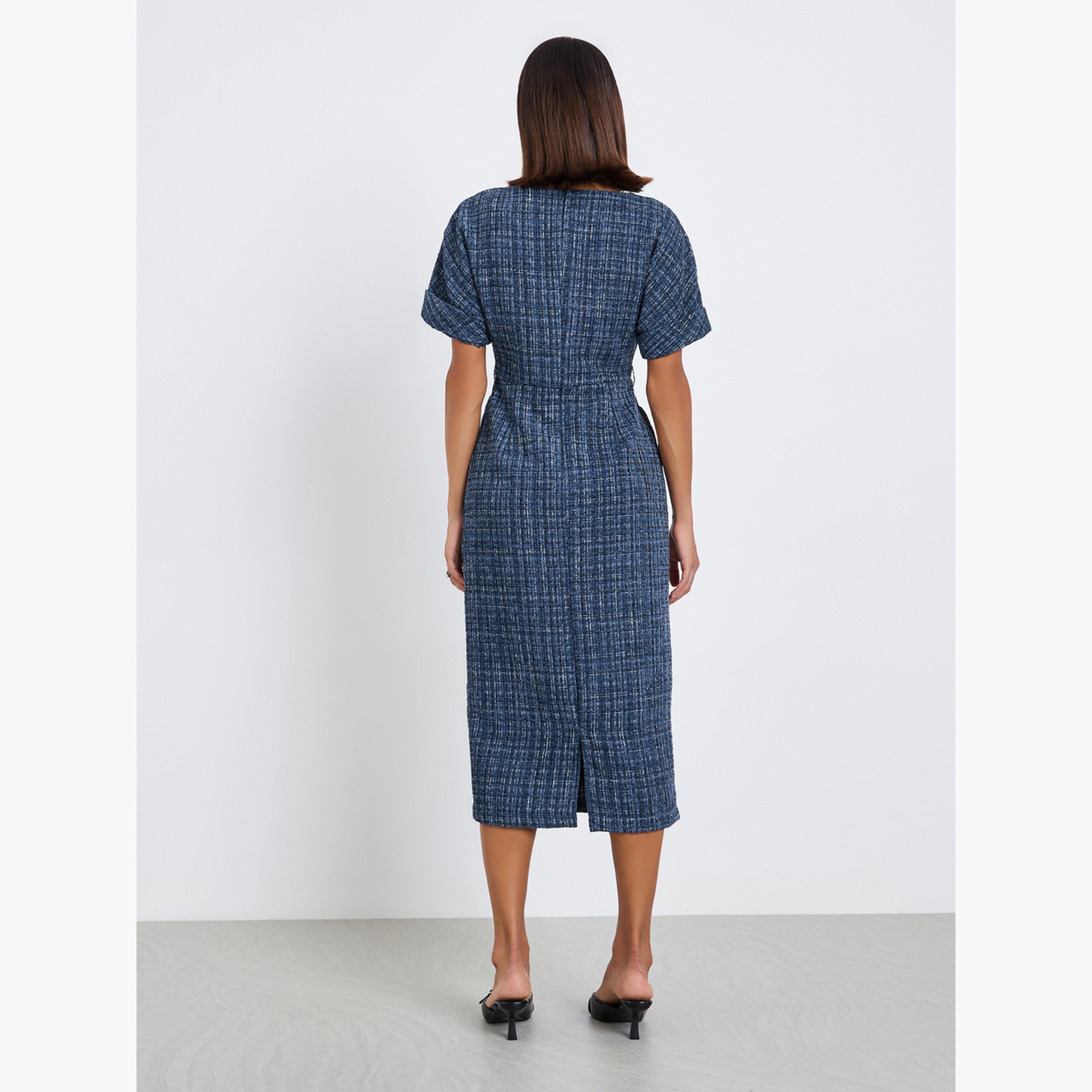 فستان ميدي بقصة مستقيمة تويد بحزام-women-clothing-dresses-image-4
