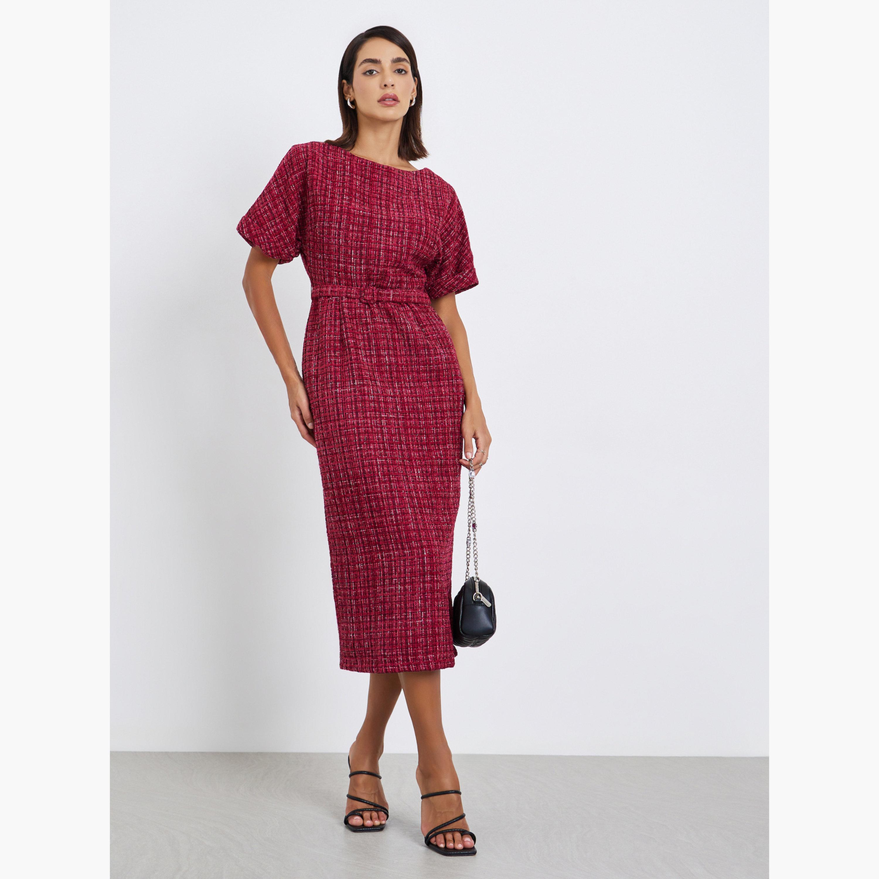 فستان ميدي بقصة مستقيمة تويد بحزام-women-clothing-dresses-image-1