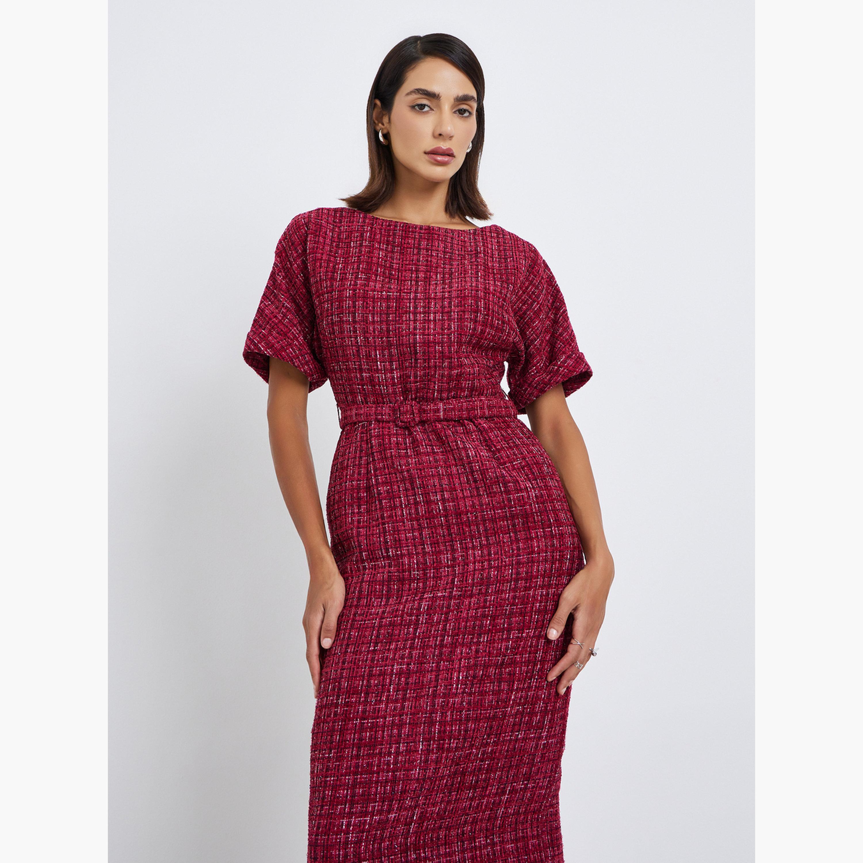 فستان ميدي بقصة مستقيمة تويد بحزام-women-clothing-dresses-image-2
