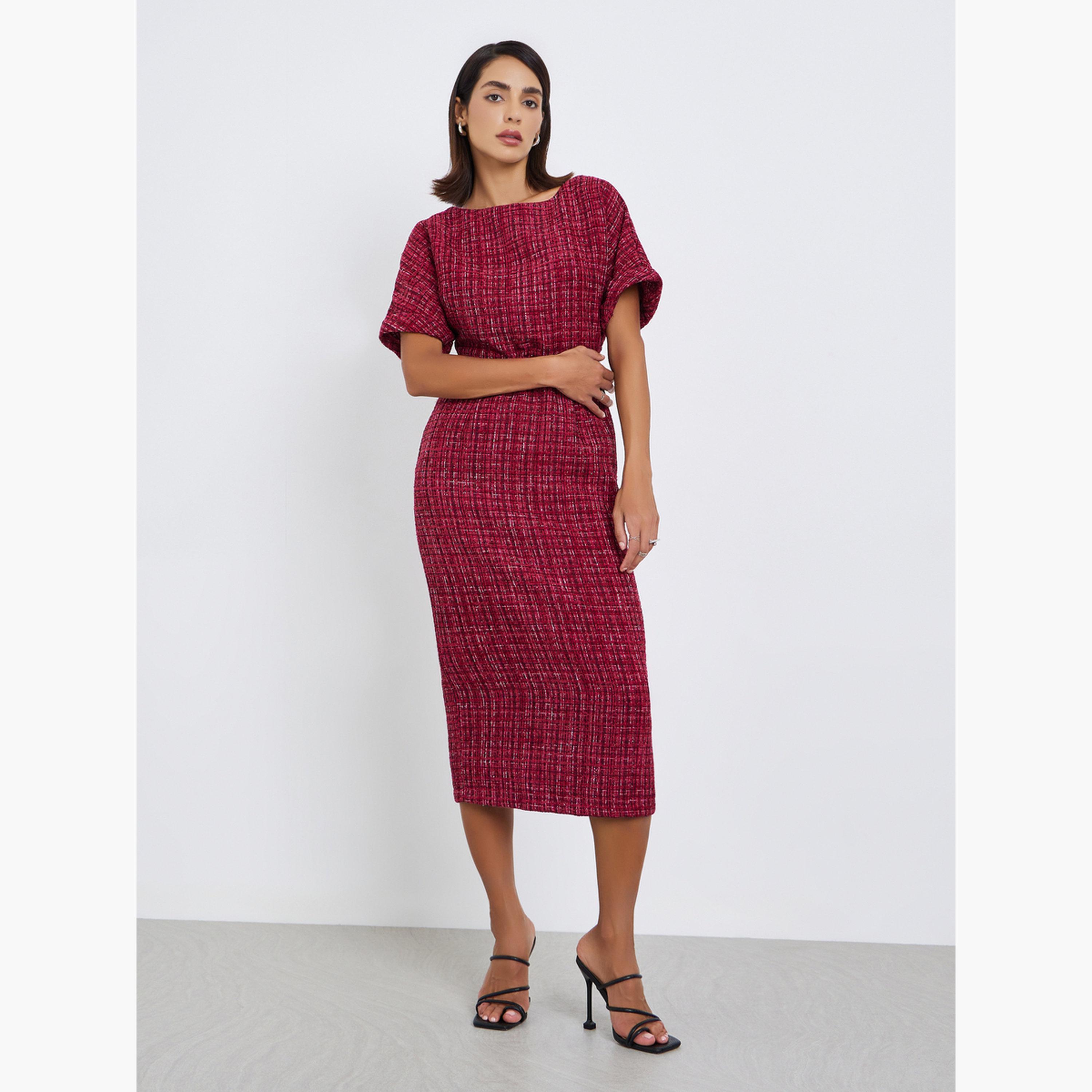 فستان ميدي بقصة مستقيمة تويد بحزام-women-clothing-dresses-image-3