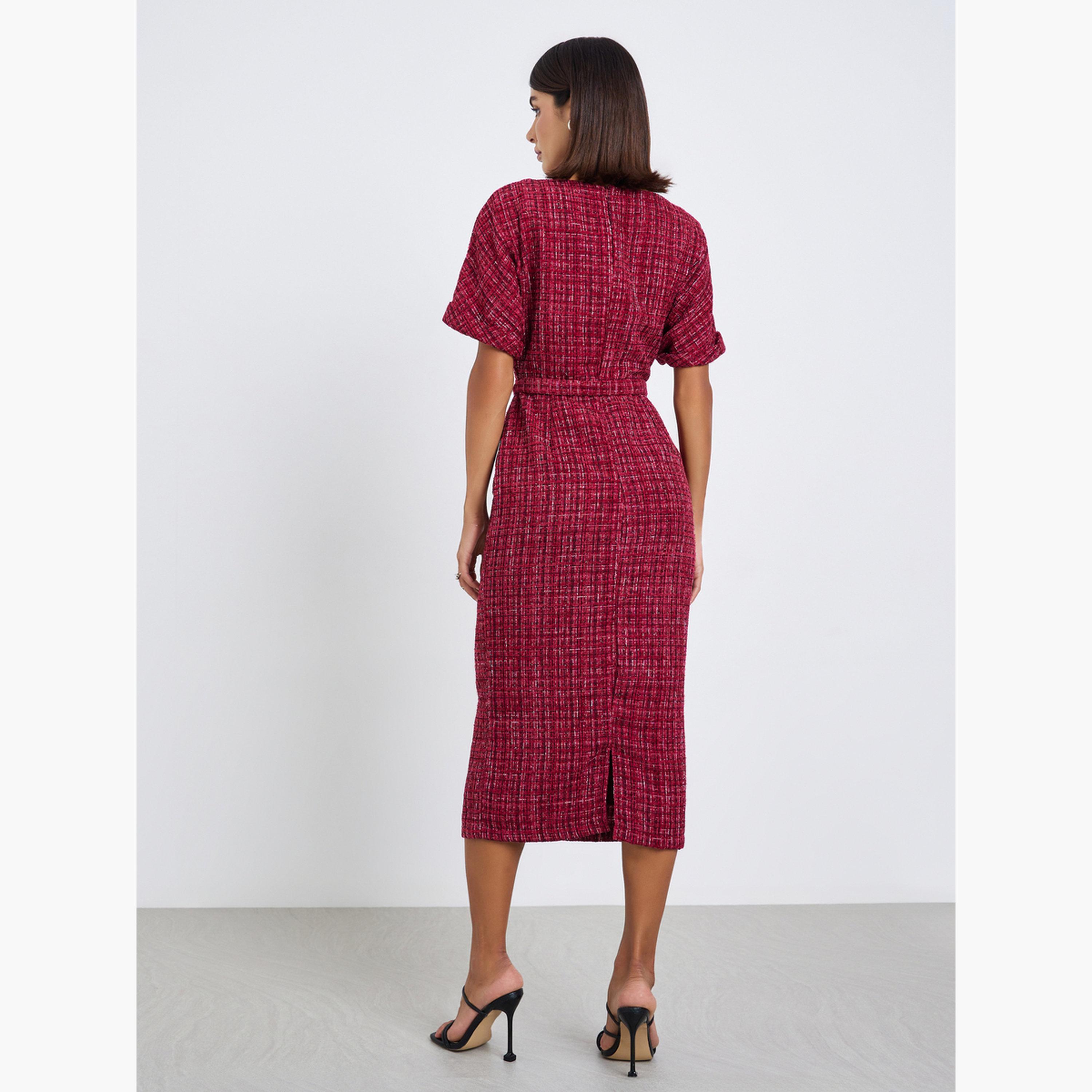 فستان ميدي بقصة مستقيمة تويد بحزام-women-clothing-dresses-image-4