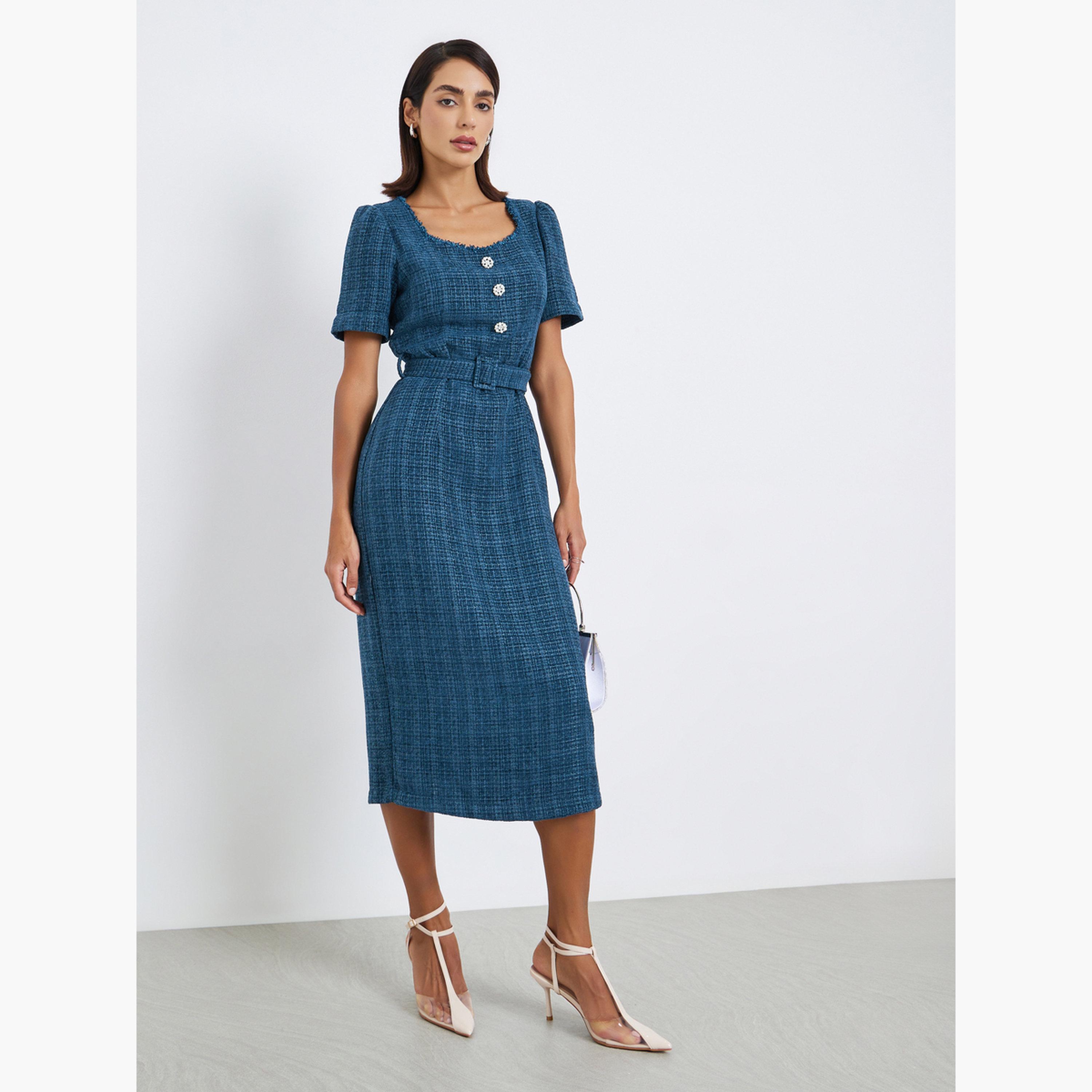 فستان ميدي بقصة مستقيمة تويد مع حزام-women-clothing-dresses-image-1