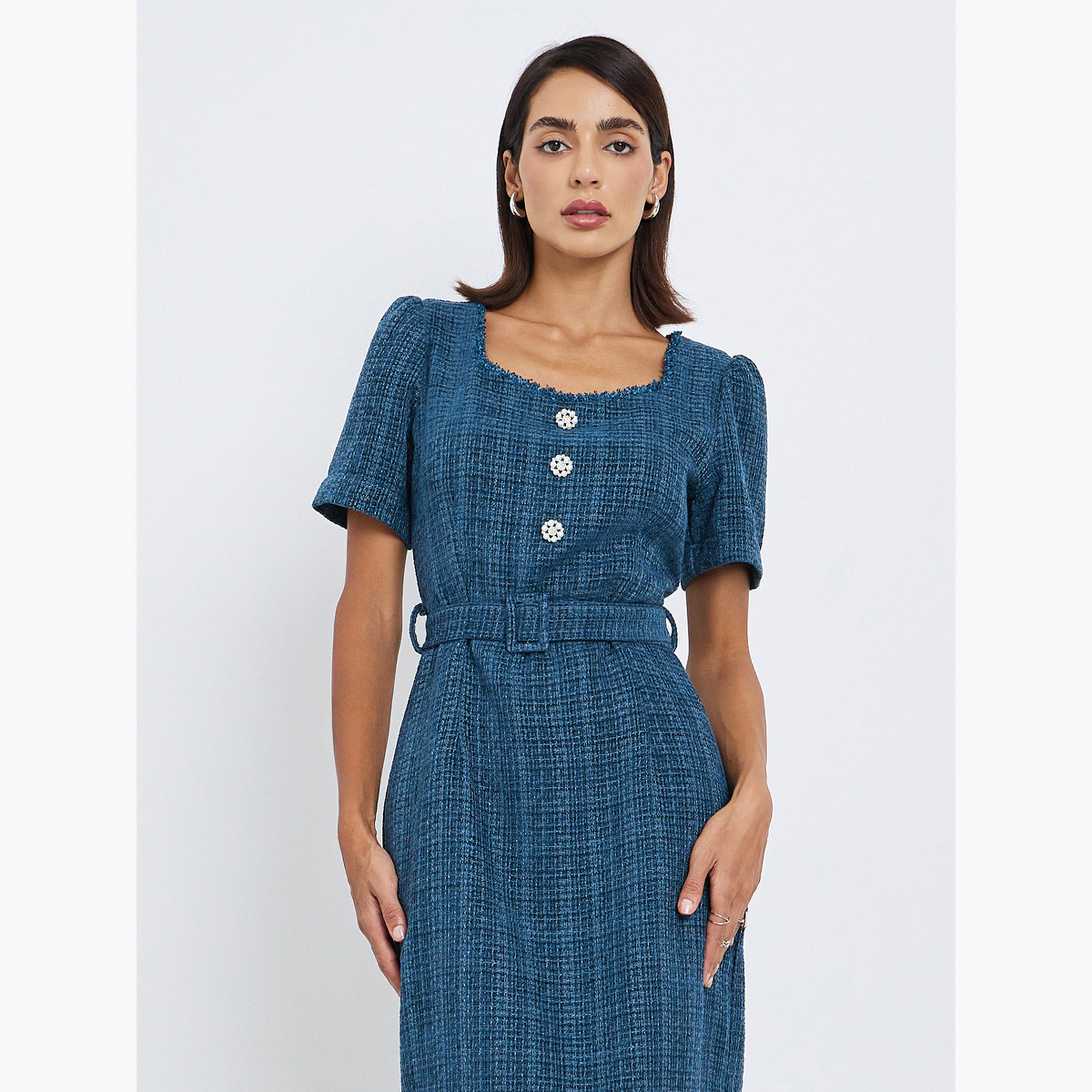 فستان ميدي بقصة مستقيمة تويد مع حزام-women-clothing-dresses-image-2