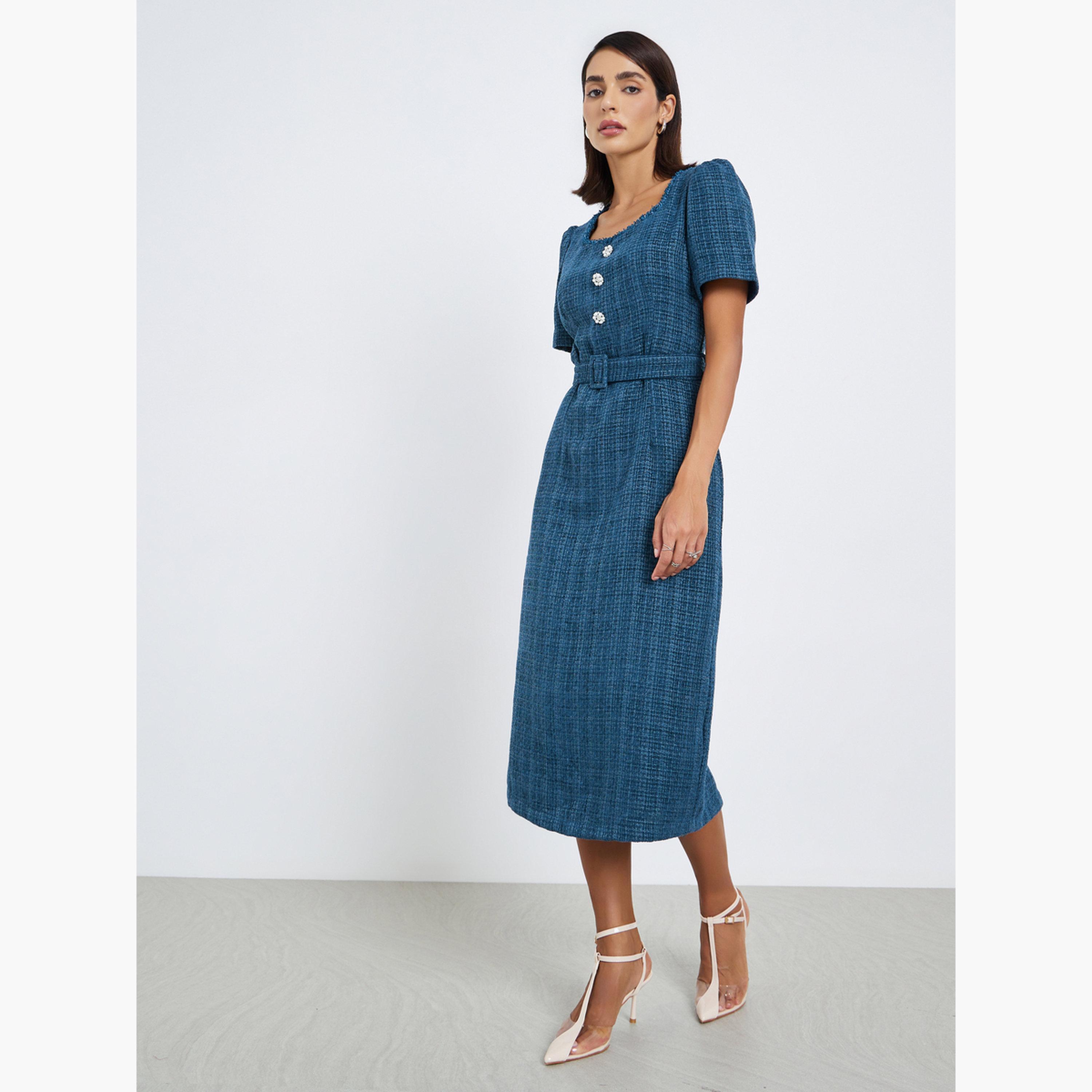 فستان ميدي بقصة مستقيمة تويد مع حزام-women-clothing-dresses-image-3