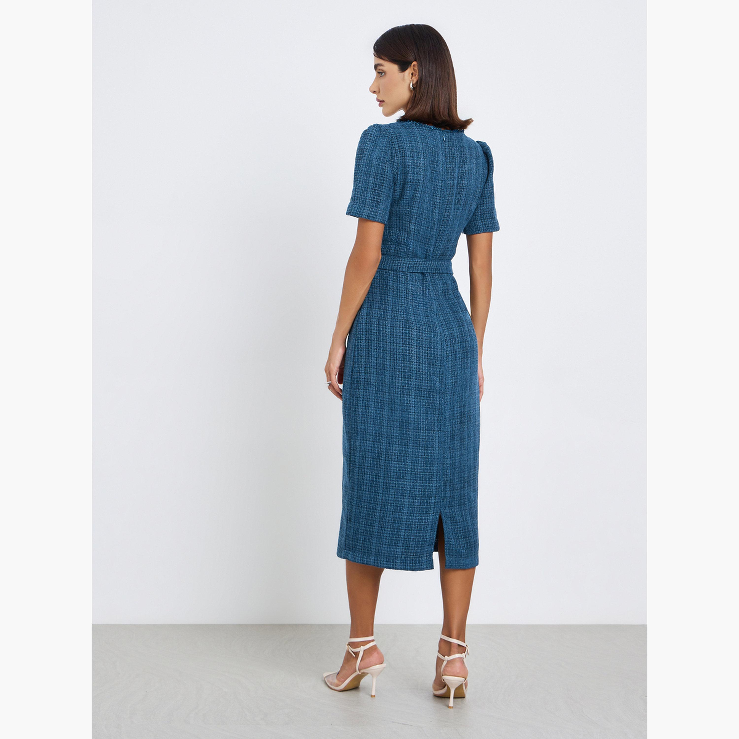 فستان ميدي بقصة مستقيمة تويد مع حزام-women-clothing-dresses-image-4