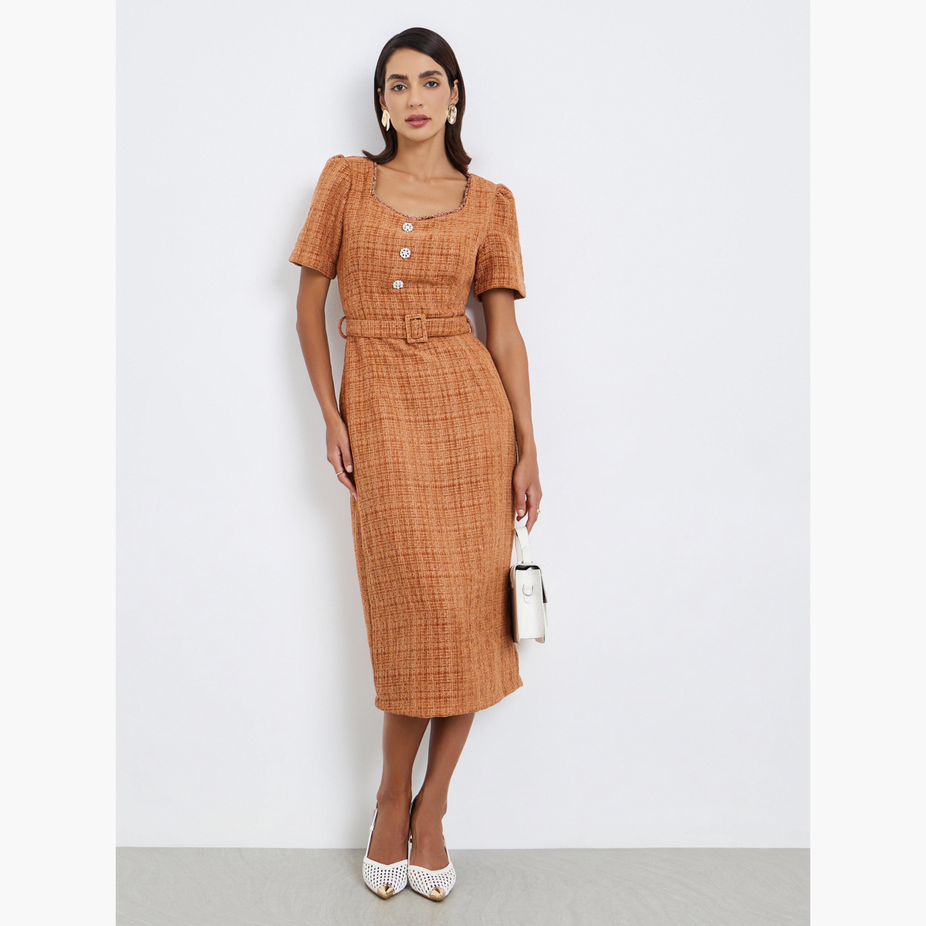 فستان ميدي بقصة مستقيمة تويد مع حزام-women-clothing-dresses-image-1
