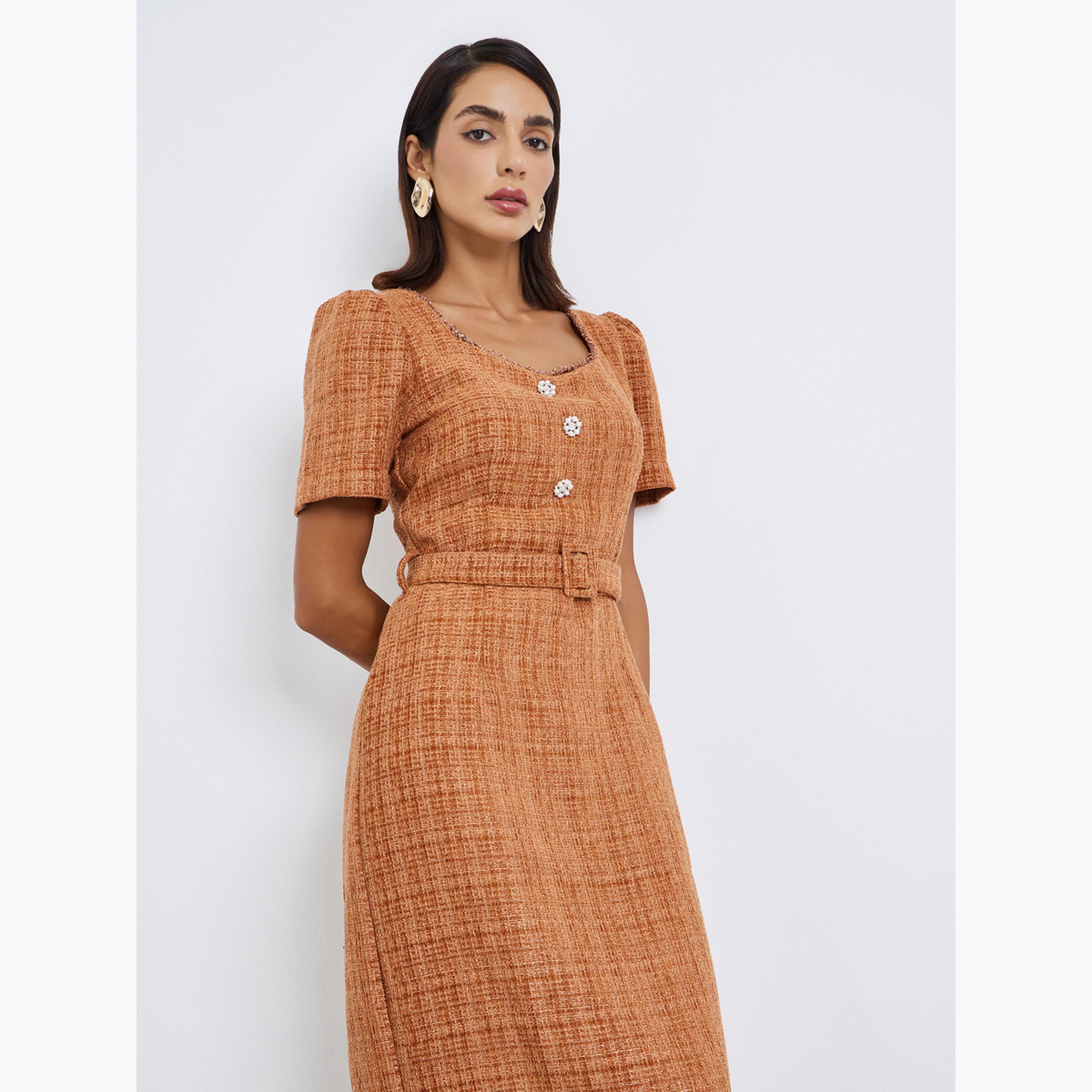 فستان ميدي بقصة مستقيمة تويد مع حزام-women-clothing-dresses-image-2