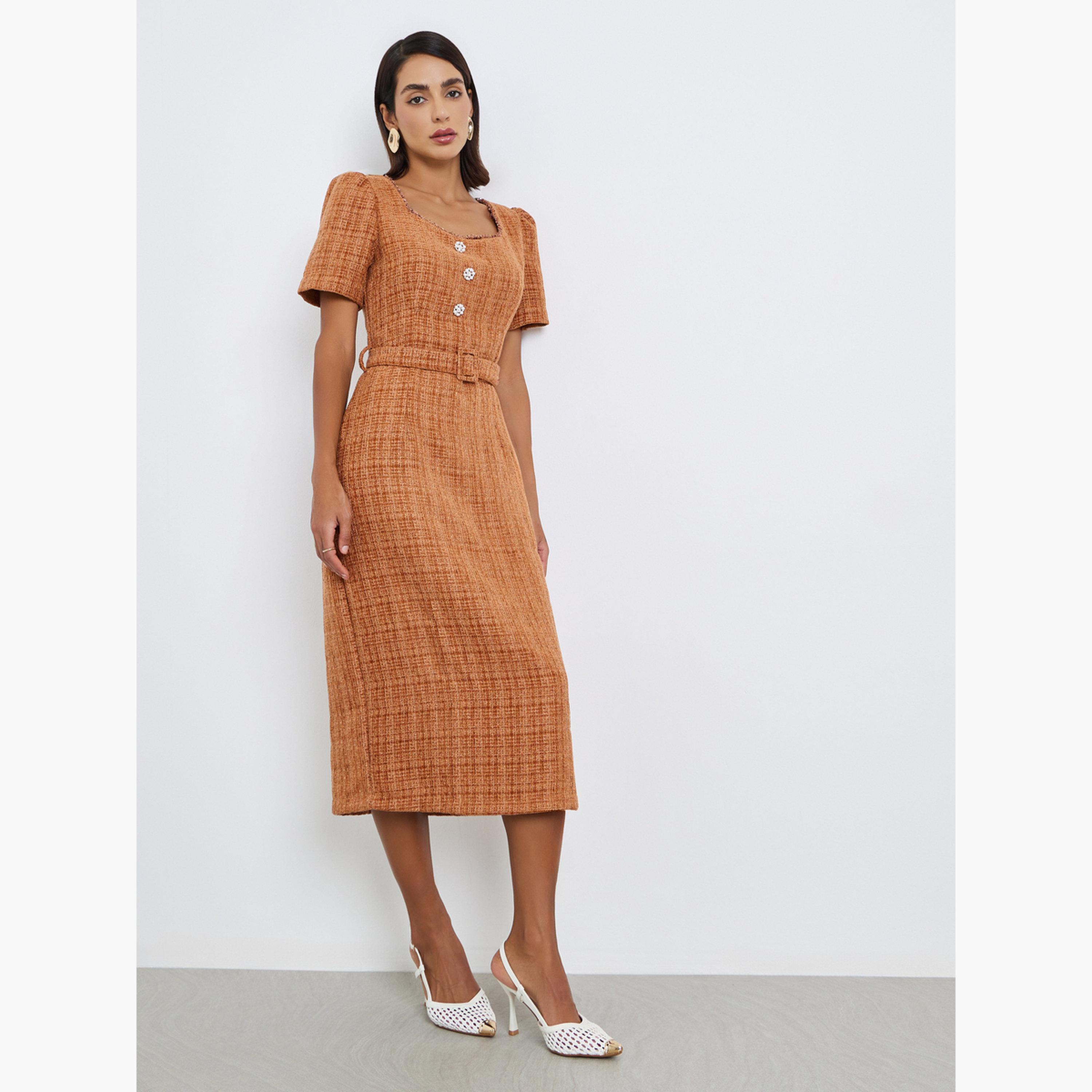 فستان ميدي بقصة مستقيمة تويد مع حزام-women-clothing-dresses-image-3