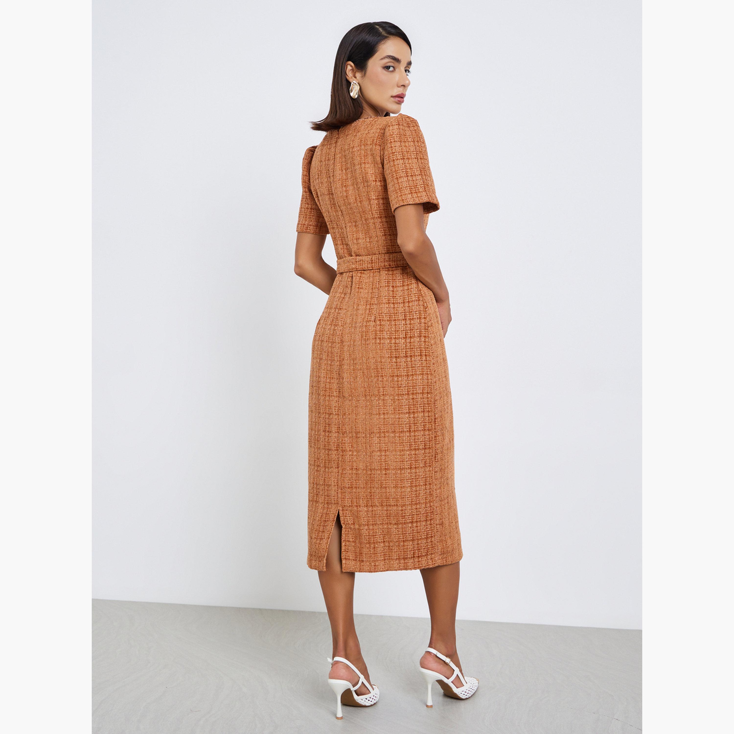 فستان ميدي بقصة مستقيمة تويد مع حزام-women-clothing-dresses-image-4