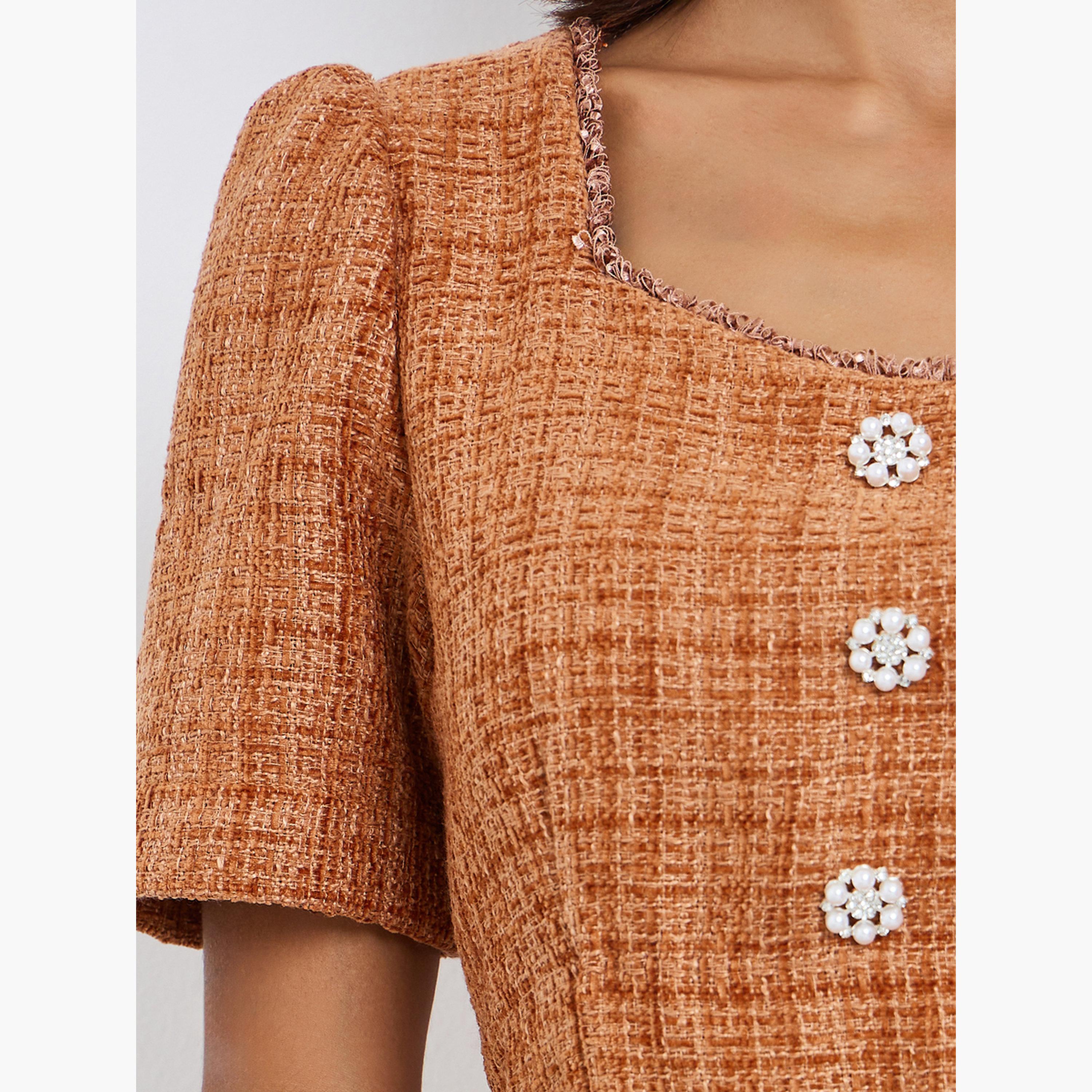 فستان ميدي بقصة مستقيمة تويد مع حزام-women-clothing-dresses-image-5
