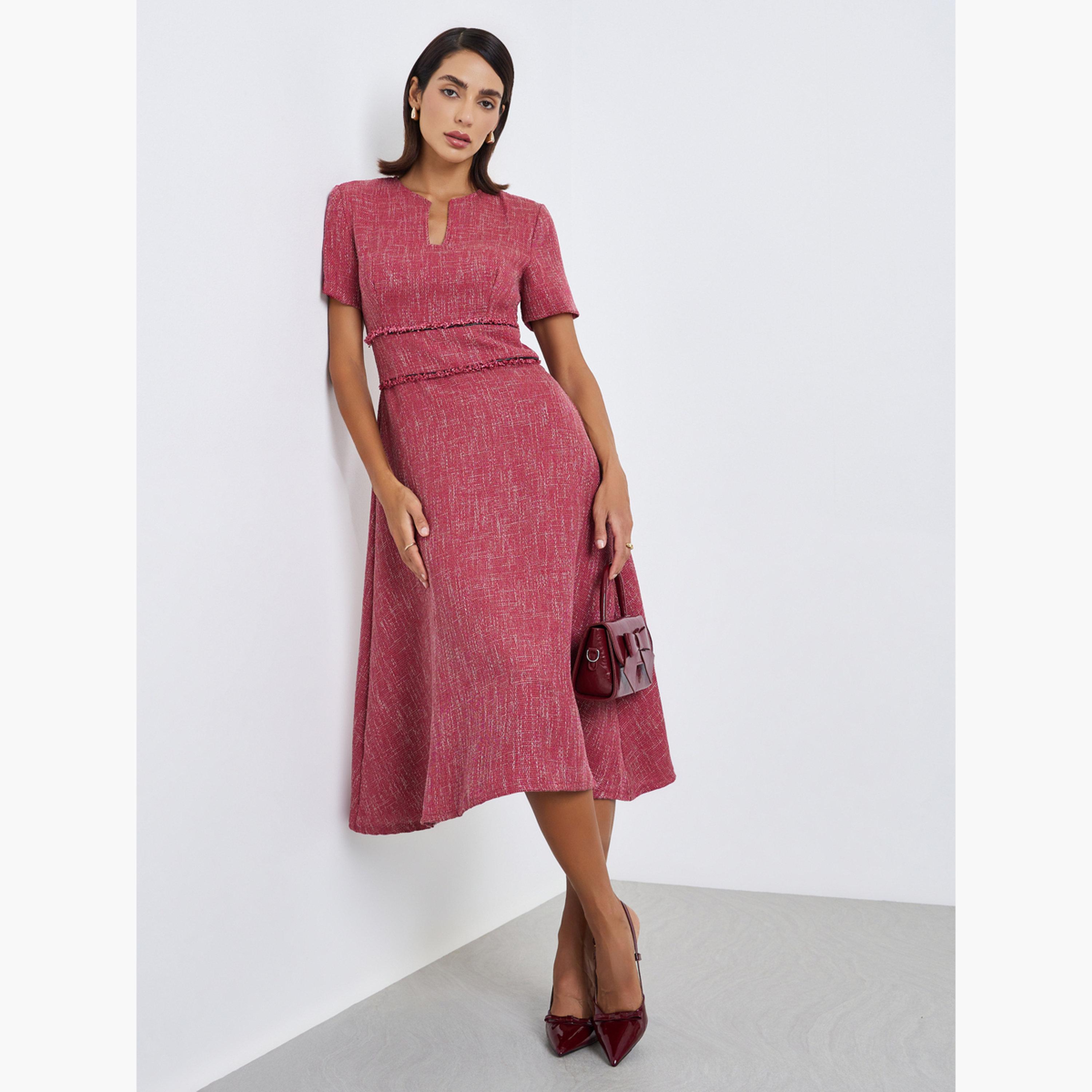 فستان ميدي مظهر تويد بحواف منسلة-women-clothing-dresses-image-1