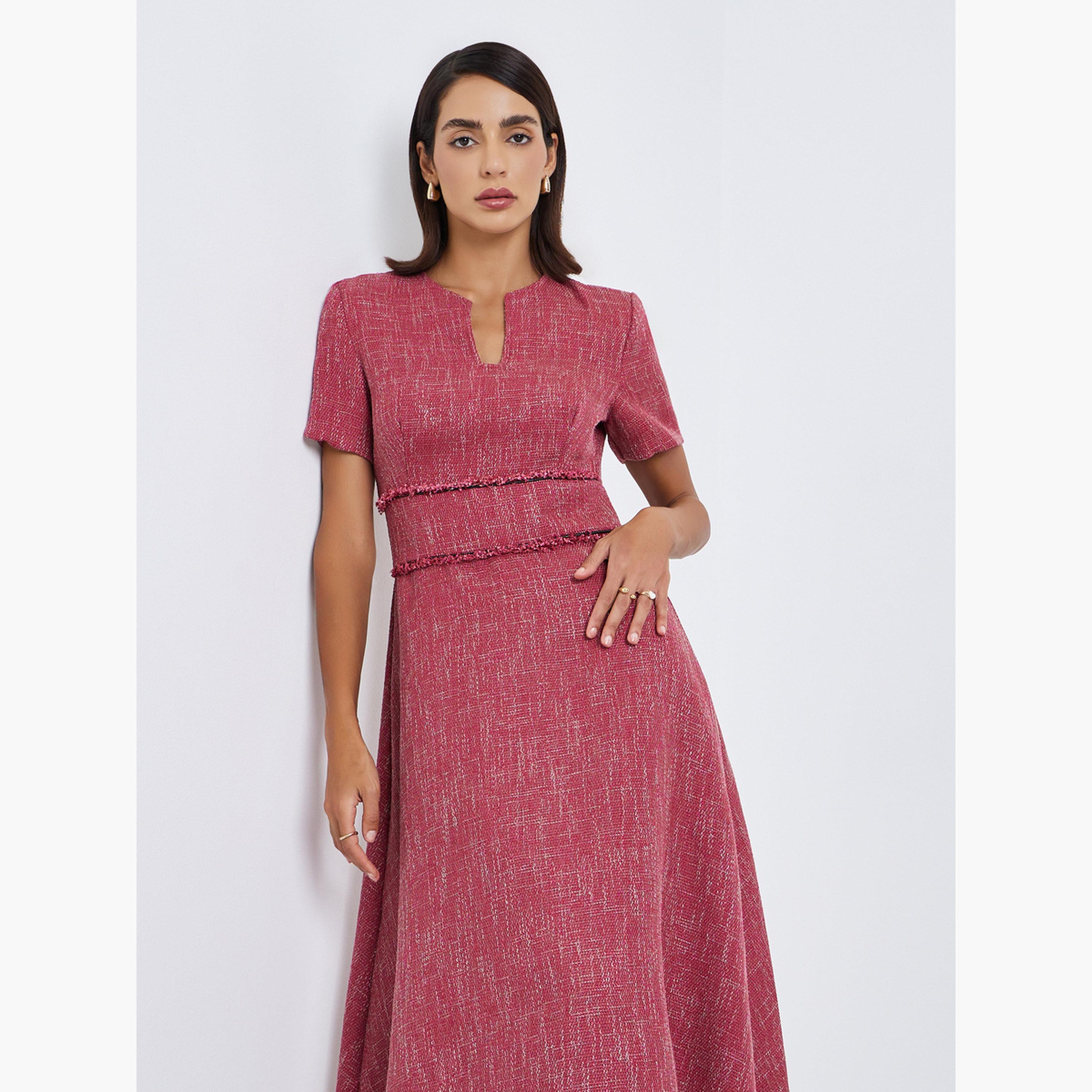 فستان ميدي مظهر تويد بحواف منسلة-women-clothing-dresses-image-2