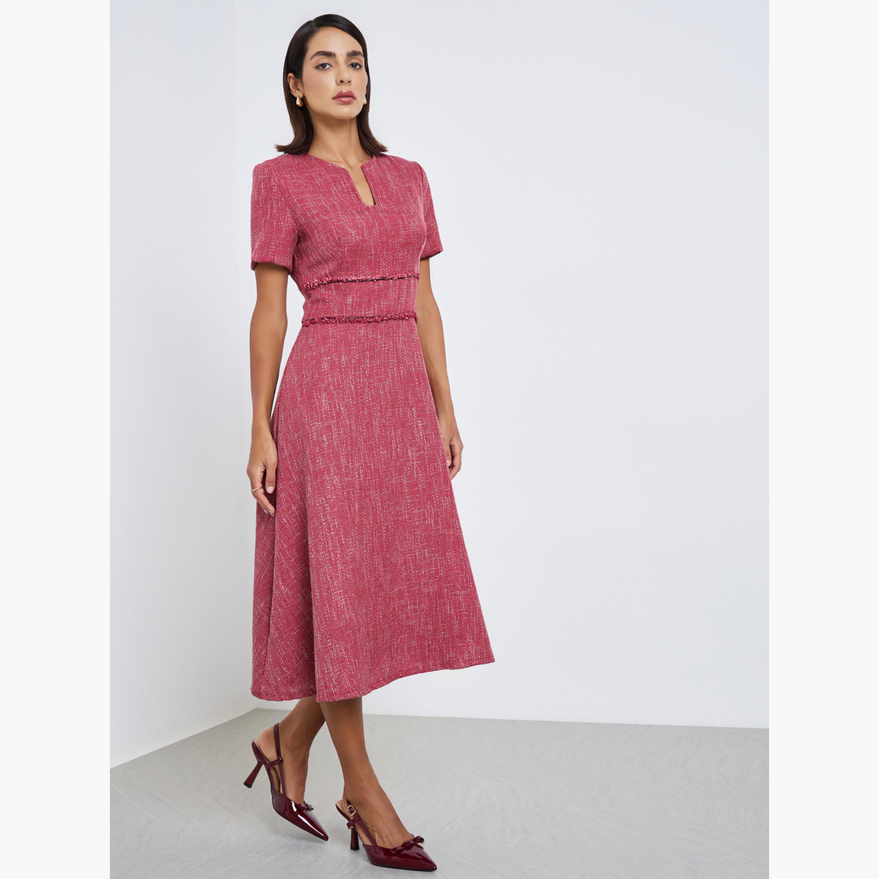 فستان ميدي مظهر تويد بحواف منسلة-women-clothing-dresses-image-3