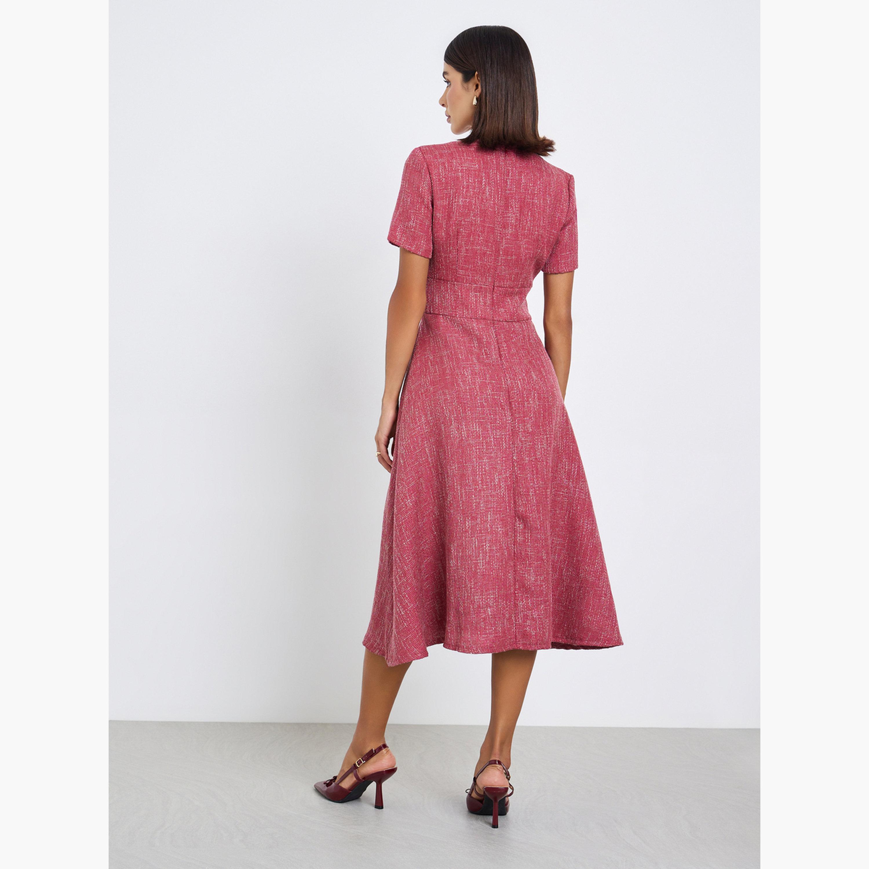 فستان ميدي مظهر تويد بحواف منسلة-women-clothing-dresses-image-4