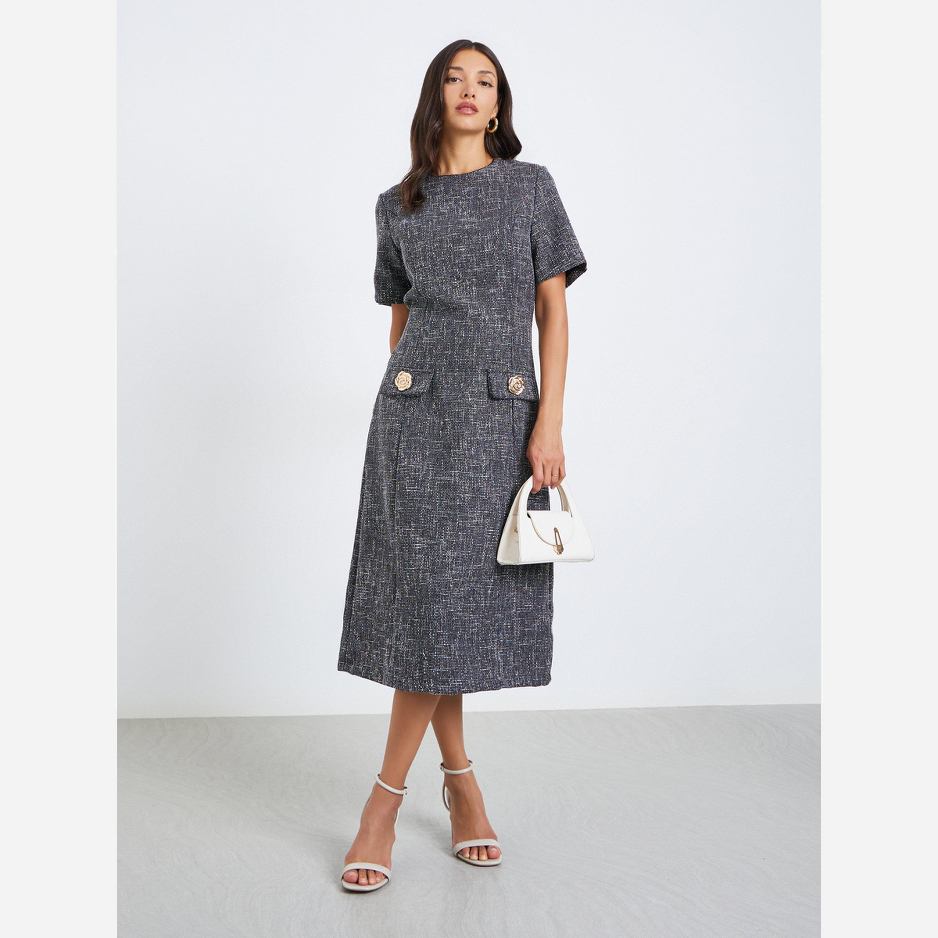 ستايلي - فستان متوسط الطول ضيق تصميم تويد نسائي-women-clothing-dresses-image-1
