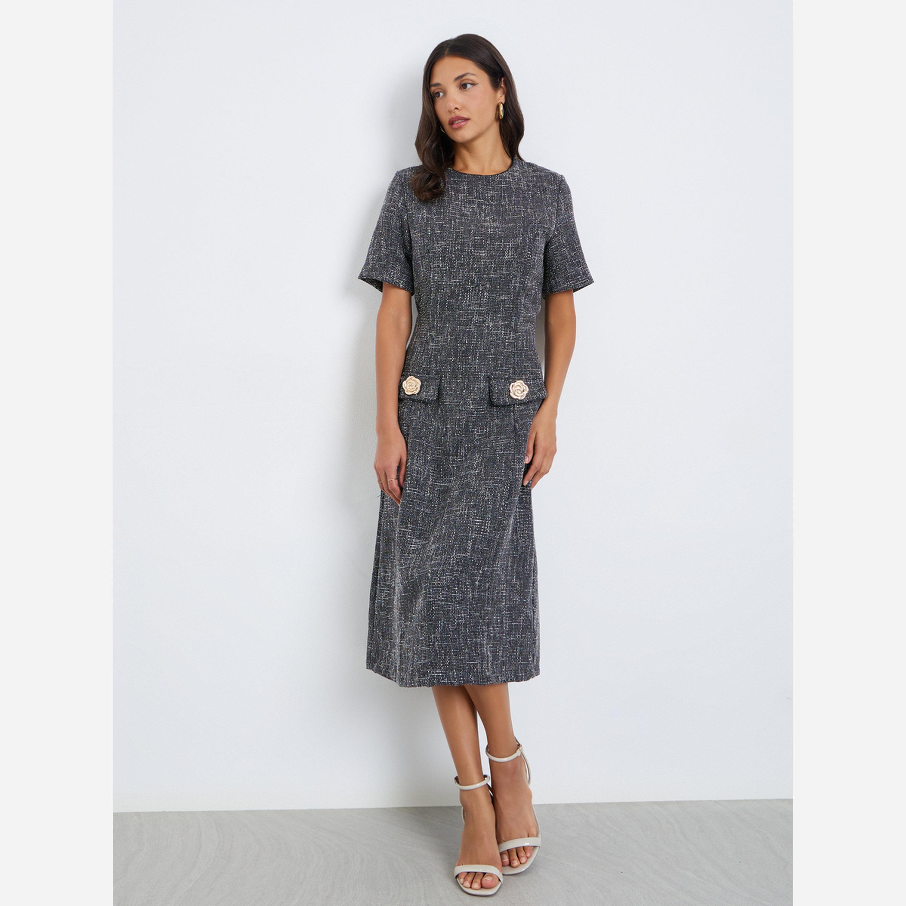 ستايلي - فستان متوسط الطول ضيق تصميم تويد نسائي-women-clothing-dresses-image-2