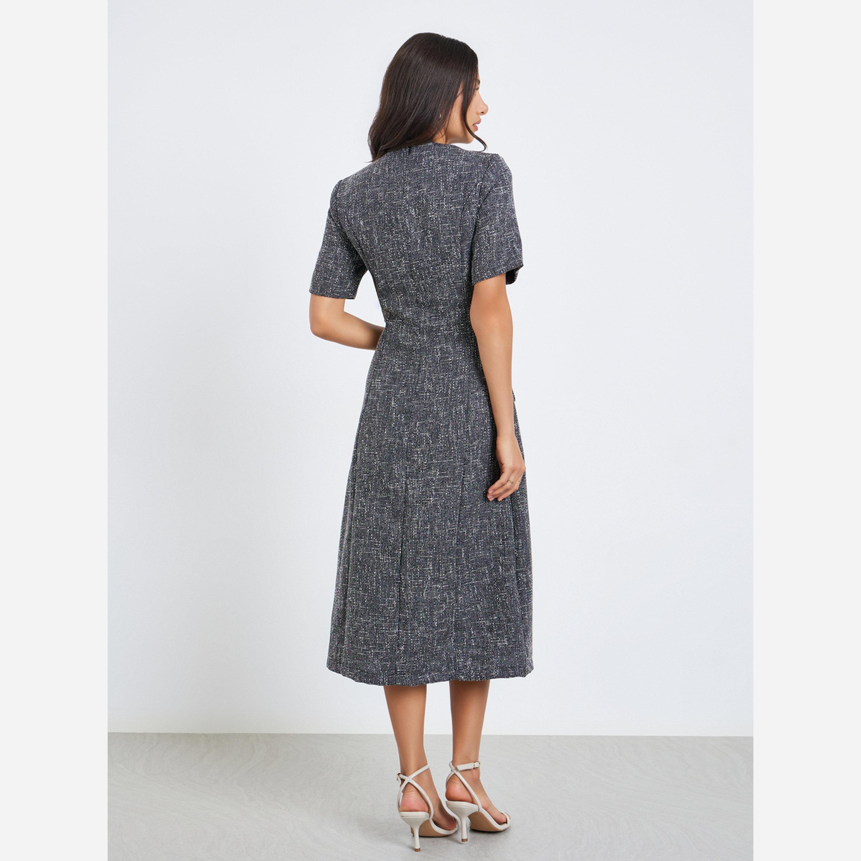 ستايلي - فستان متوسط الطول ضيق تصميم تويد نسائي-women-clothing-dresses-image-3