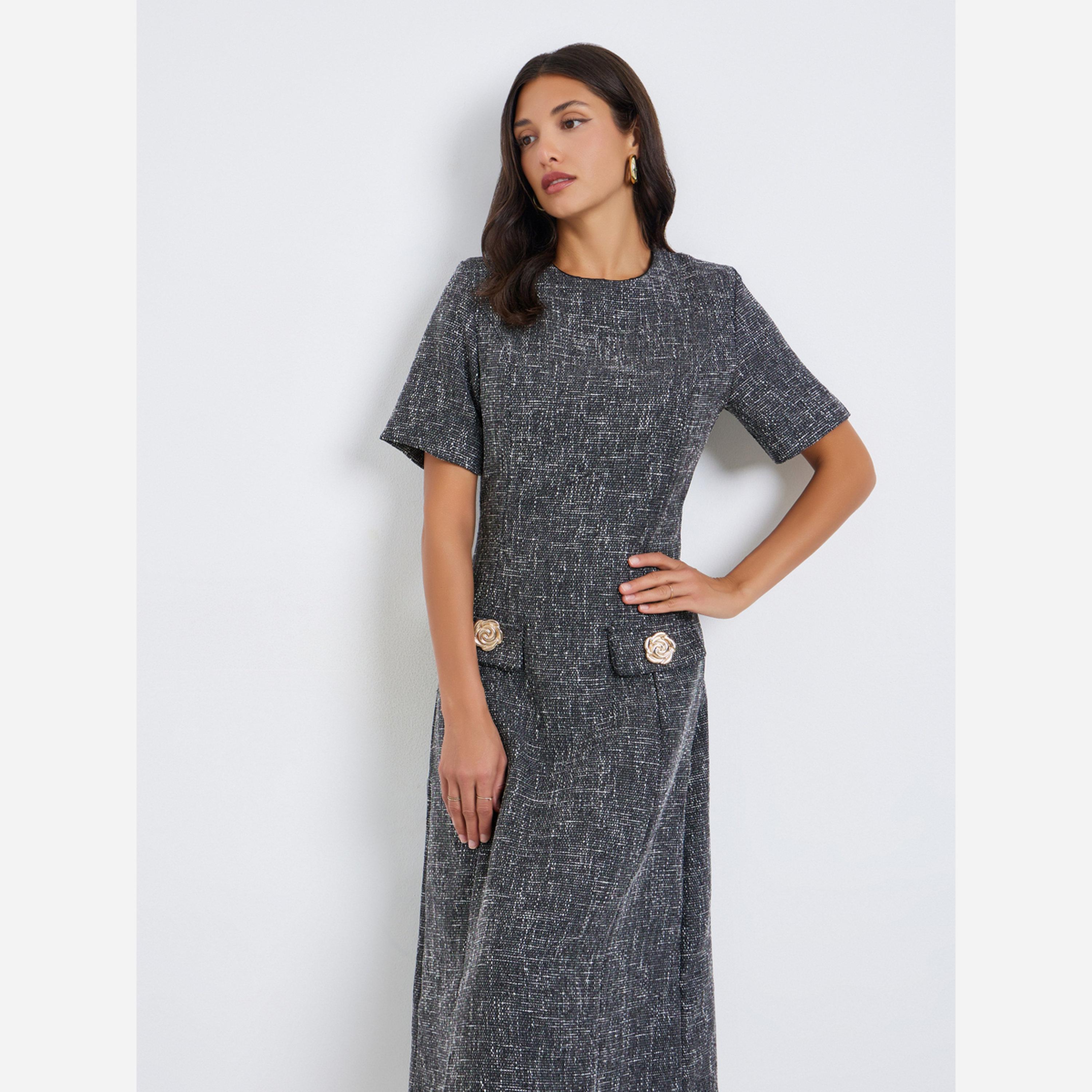 ستايلي - فستان متوسط الطول ضيق تصميم تويد نسائي-women-clothing-dresses-image-4