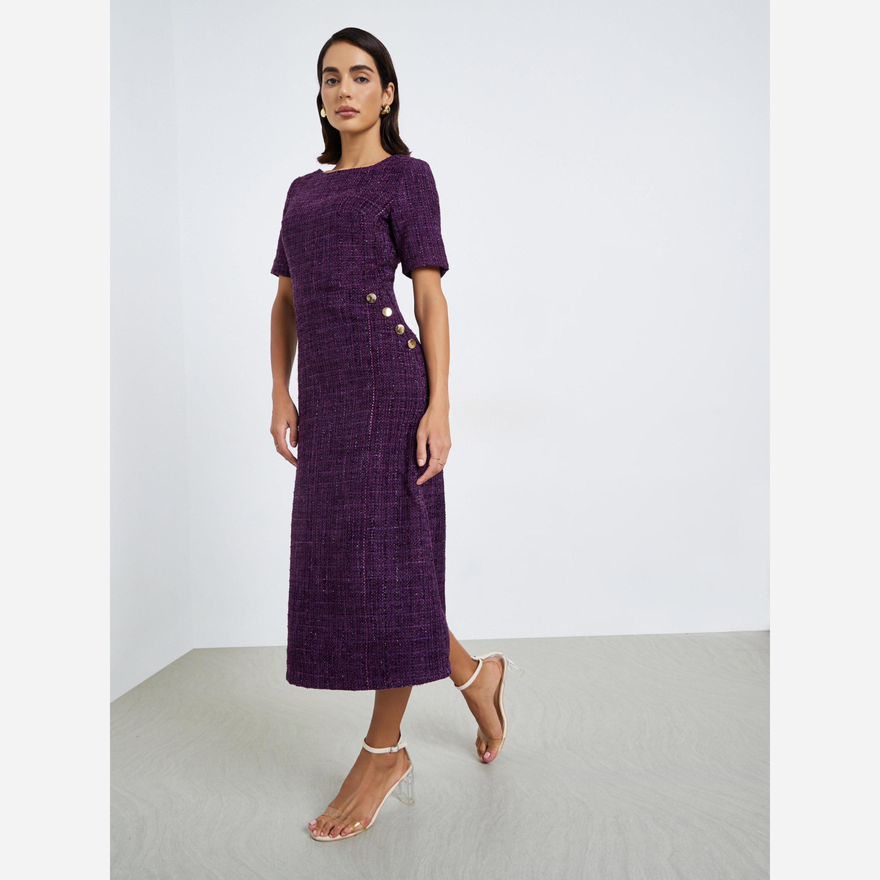 Styli Women Purple Tweed Sheath Midi Dress-women-clothing-dresses-image-1