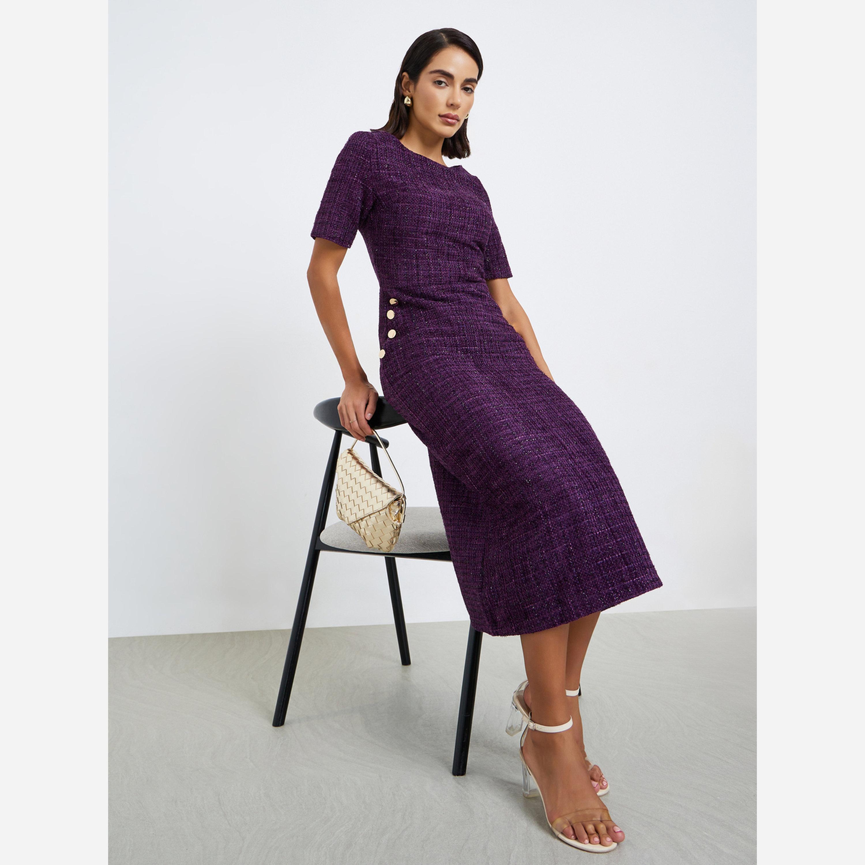 ستايلي - فستان متوسط الطول نسائي من التويد لون بنفسجي-women-clothing-dresses-image-2