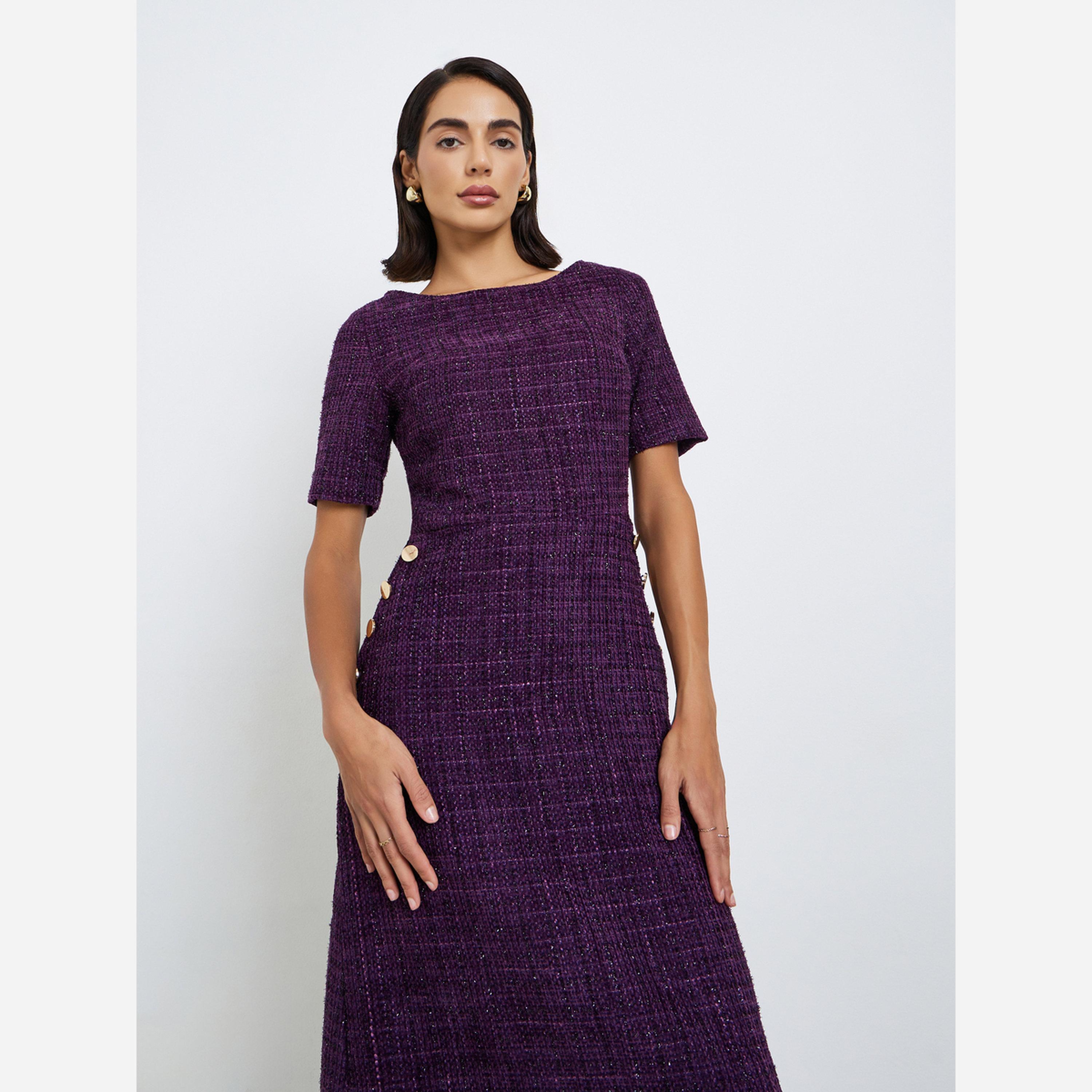 ستايلي - فستان متوسط الطول نسائي من التويد لون بنفسجي-women-clothing-dresses-image-4