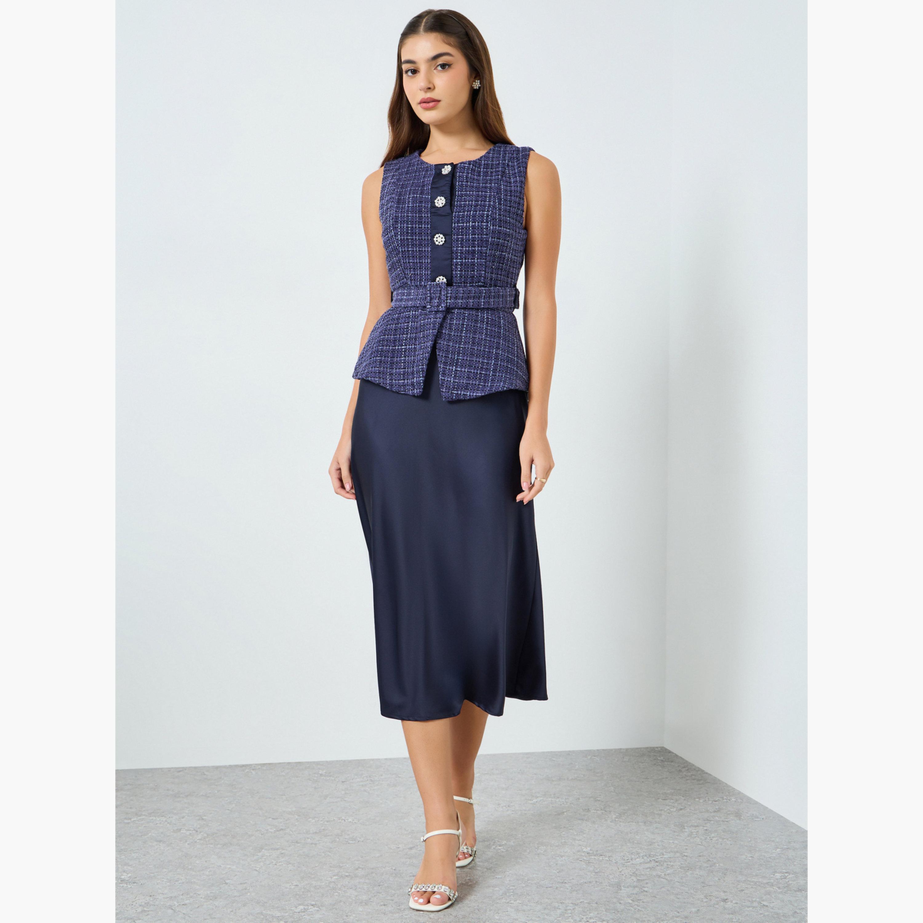 فستان ميدي بنمط تويد وحزام-women-clothing-dresses-image-1