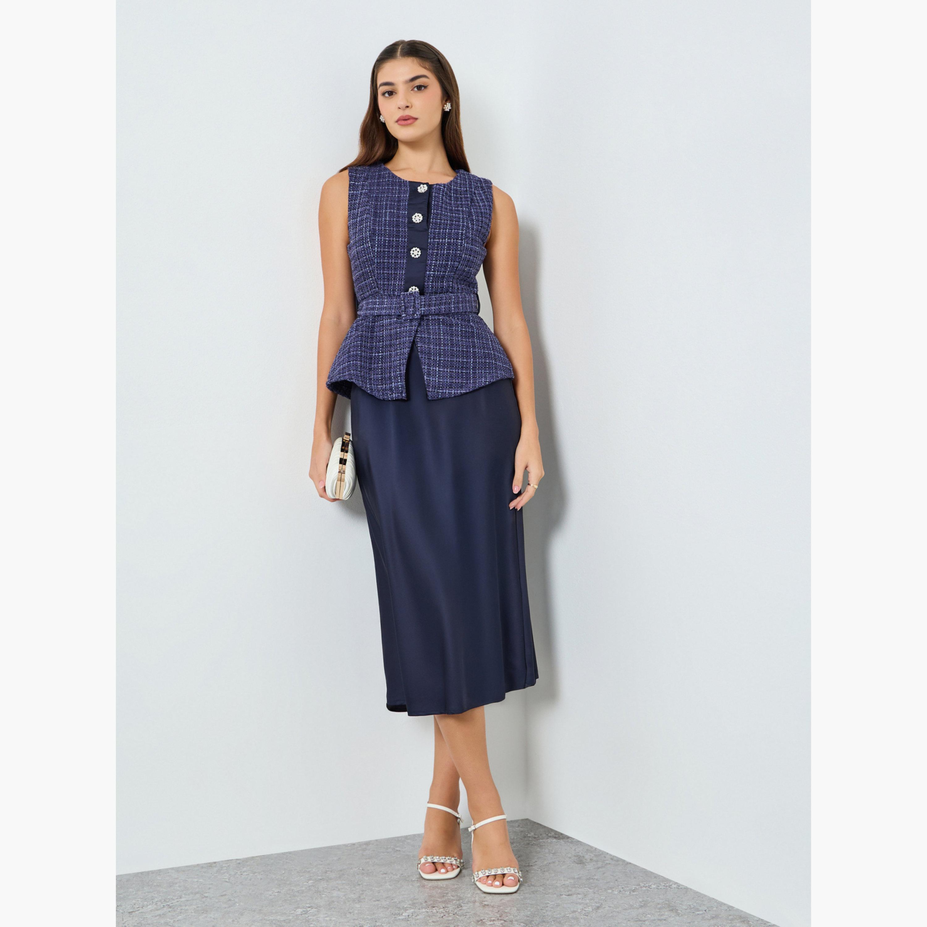 فستان ميدي بنمط تويد وحزام-women-clothing-dresses-image-2