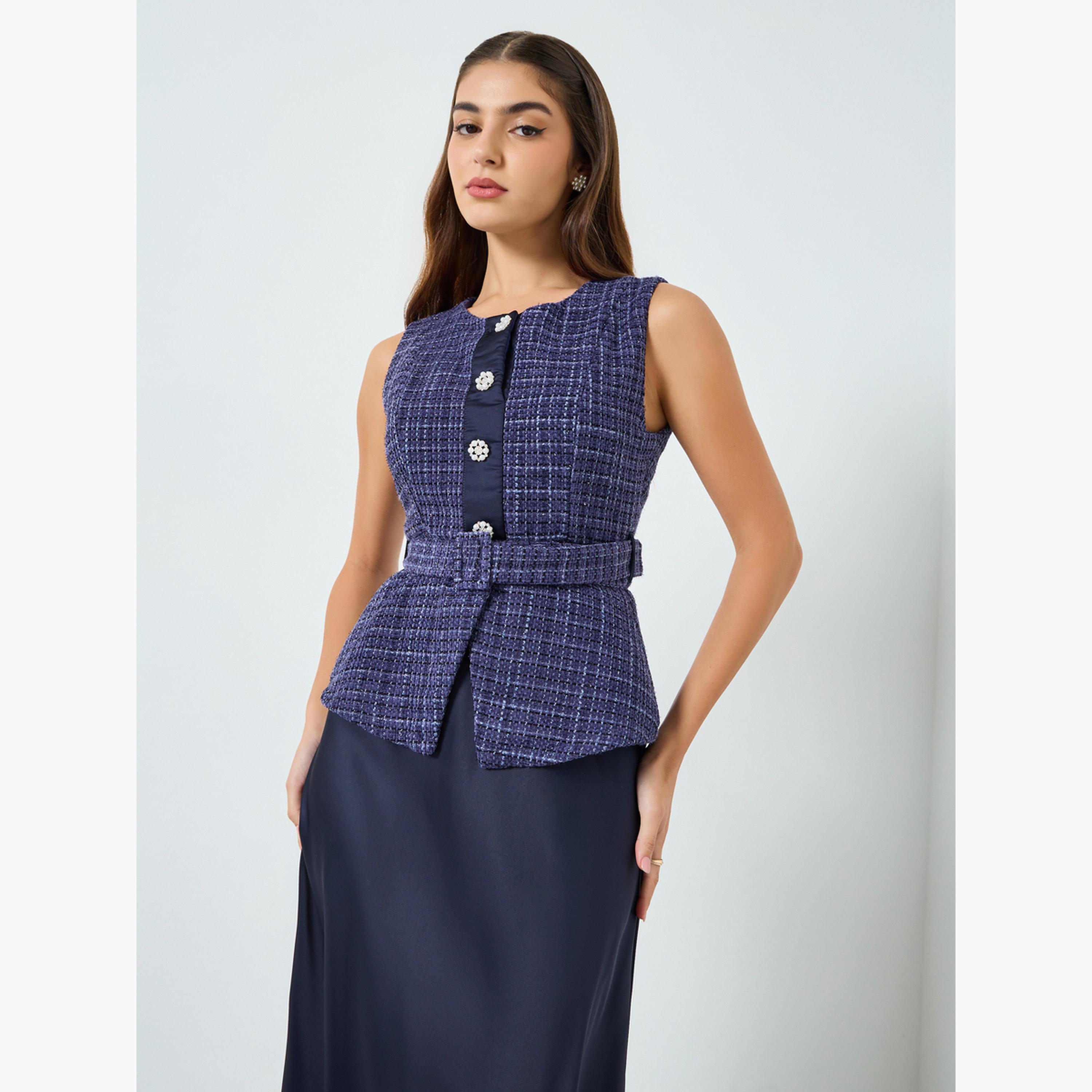 فستان ميدي بنمط تويد وحزام-women-clothing-dresses-image-3