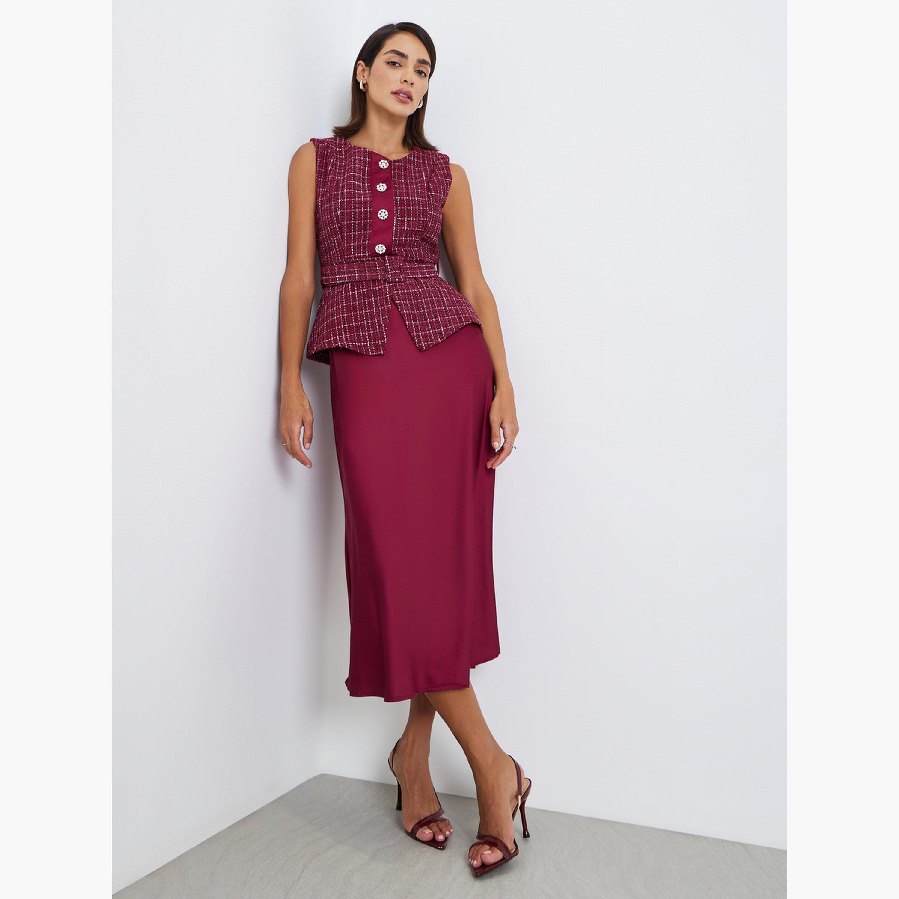 فستان ميدي مظهر تويد بحزام-women-clothing-dresses-image-1