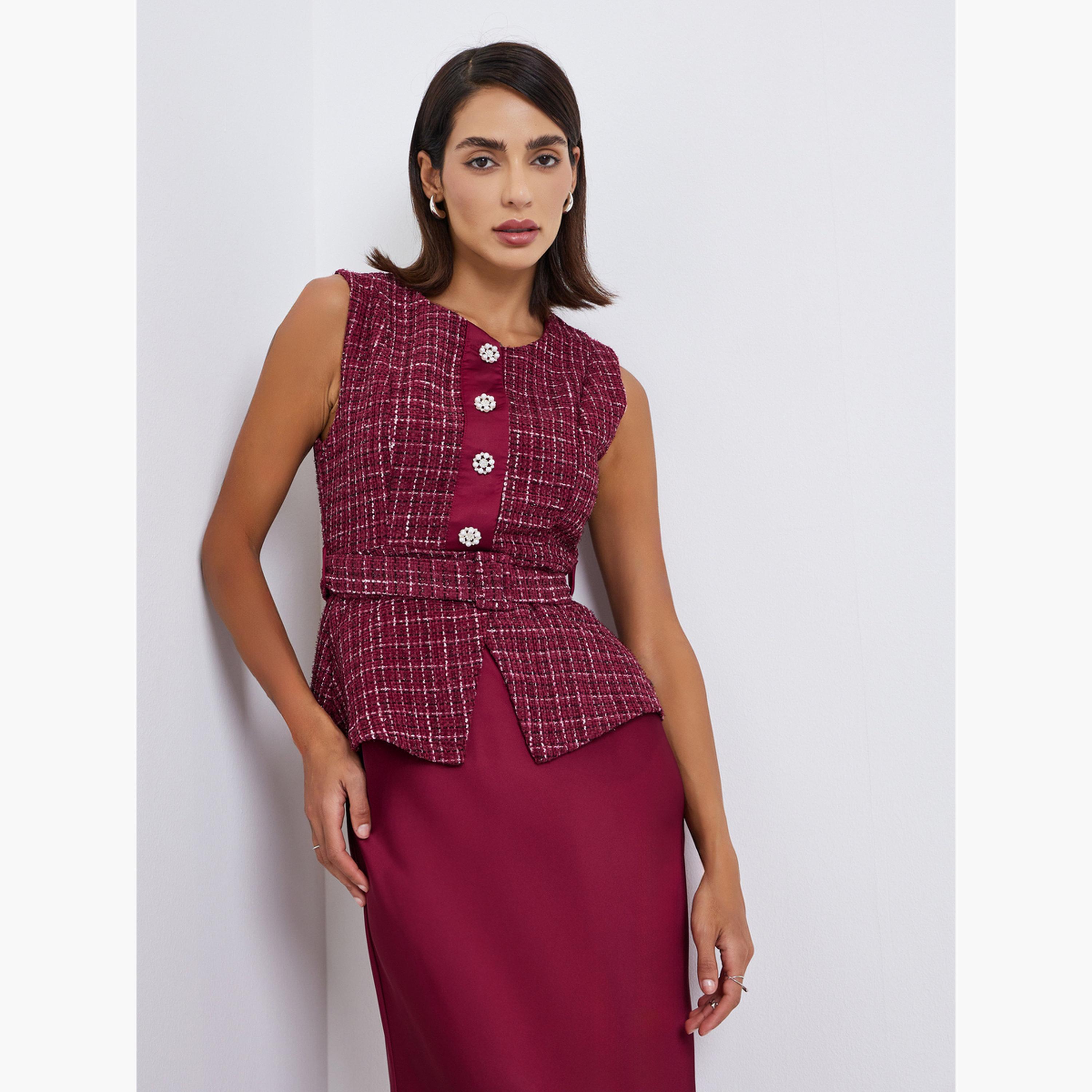 فستان ميدي مظهر تويد بحزام-women-clothing-dresses-image-2