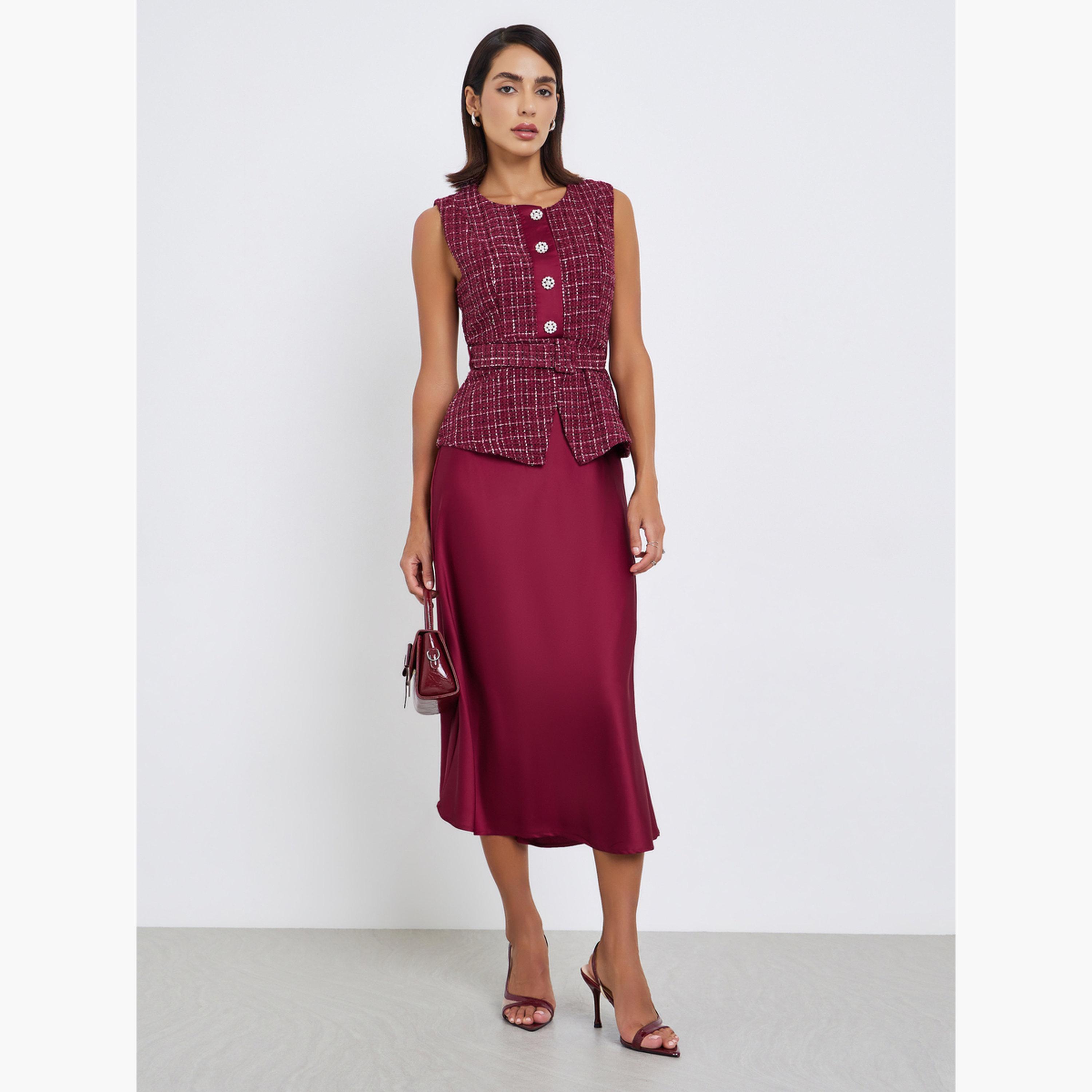 فستان ميدي مظهر تويد بحزام-women-clothing-dresses-image-3