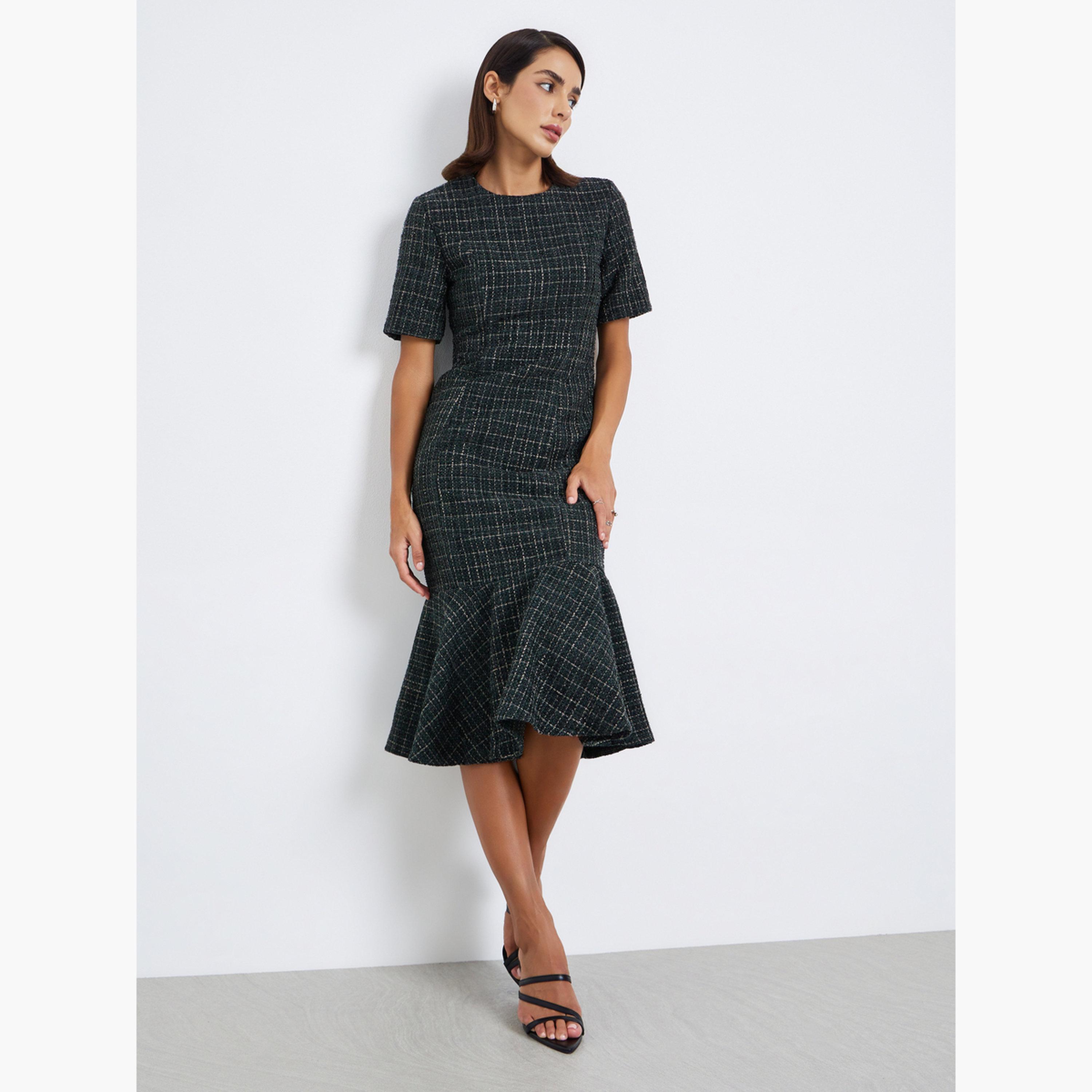 فستان ميدي بحافة ميرميد بمظهر تويد-women-clothing-dresses-image-1