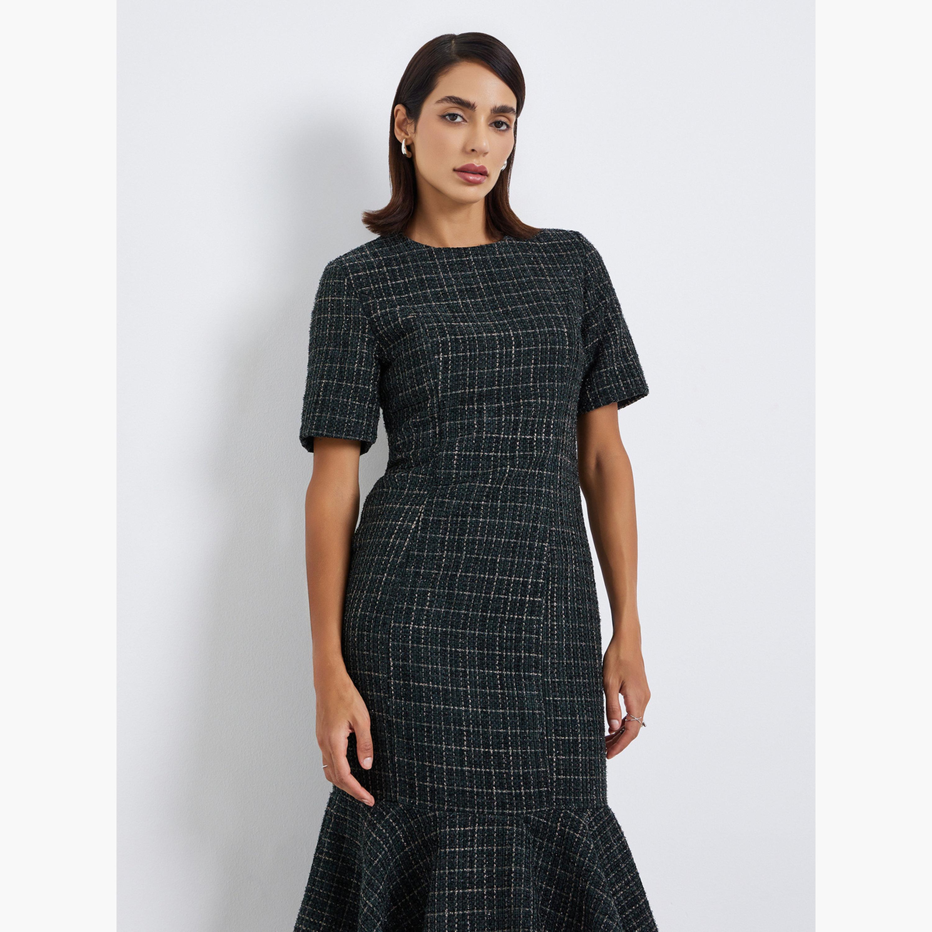 فستان ميدي بحافة ميرميد بمظهر تويد-women-clothing-dresses-image-2