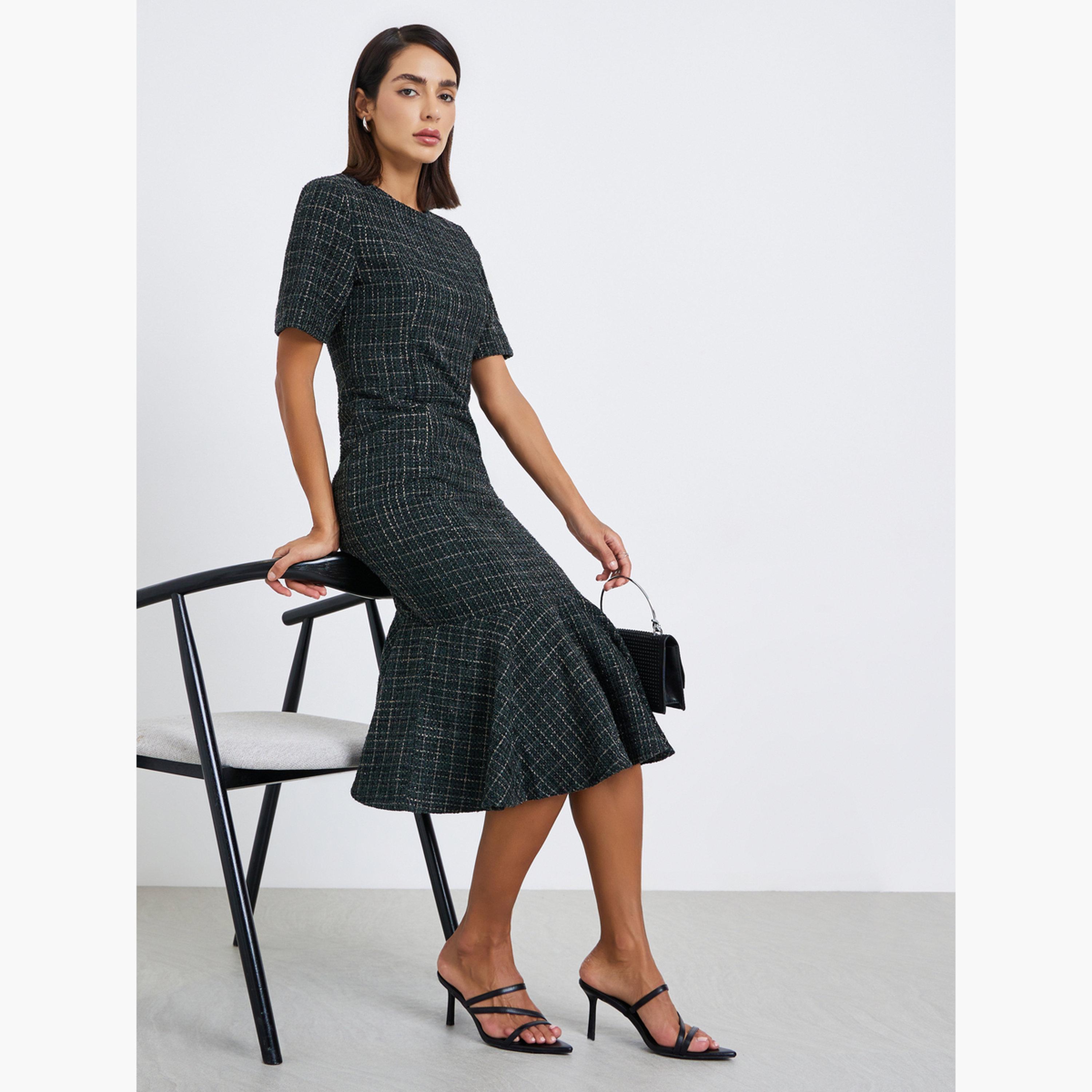 فستان ميدي بحافة ميرميد بمظهر تويد-women-clothing-dresses-image-3