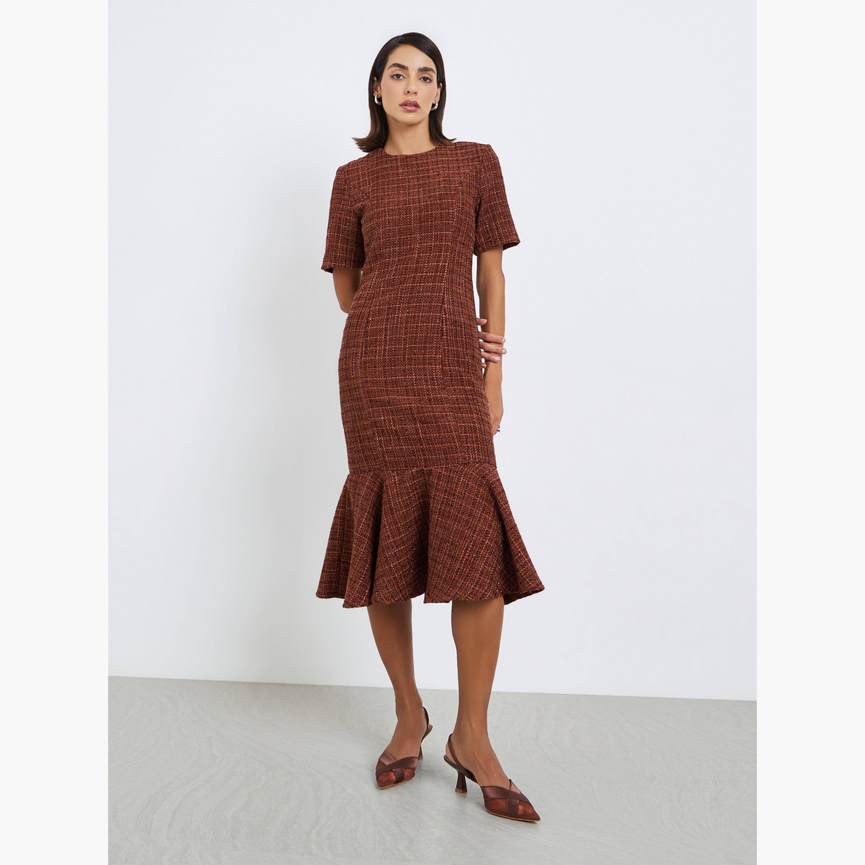 فستان ميدي بحافة ميرميد بمظهر تويد-women-clothing-dresses-image-1