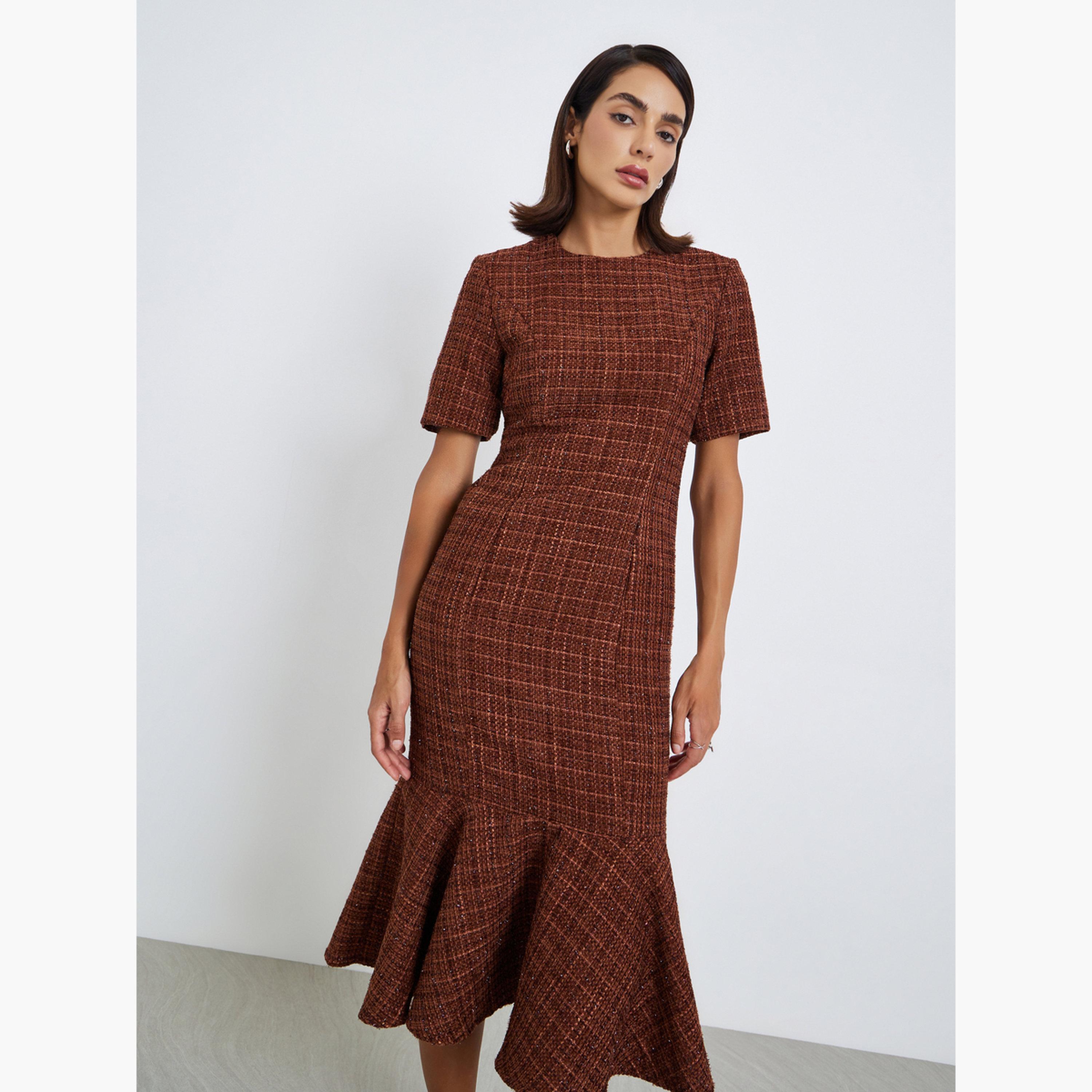 فستان ميدي بحافة ميرميد بمظهر تويد-women-clothing-dresses-image-3