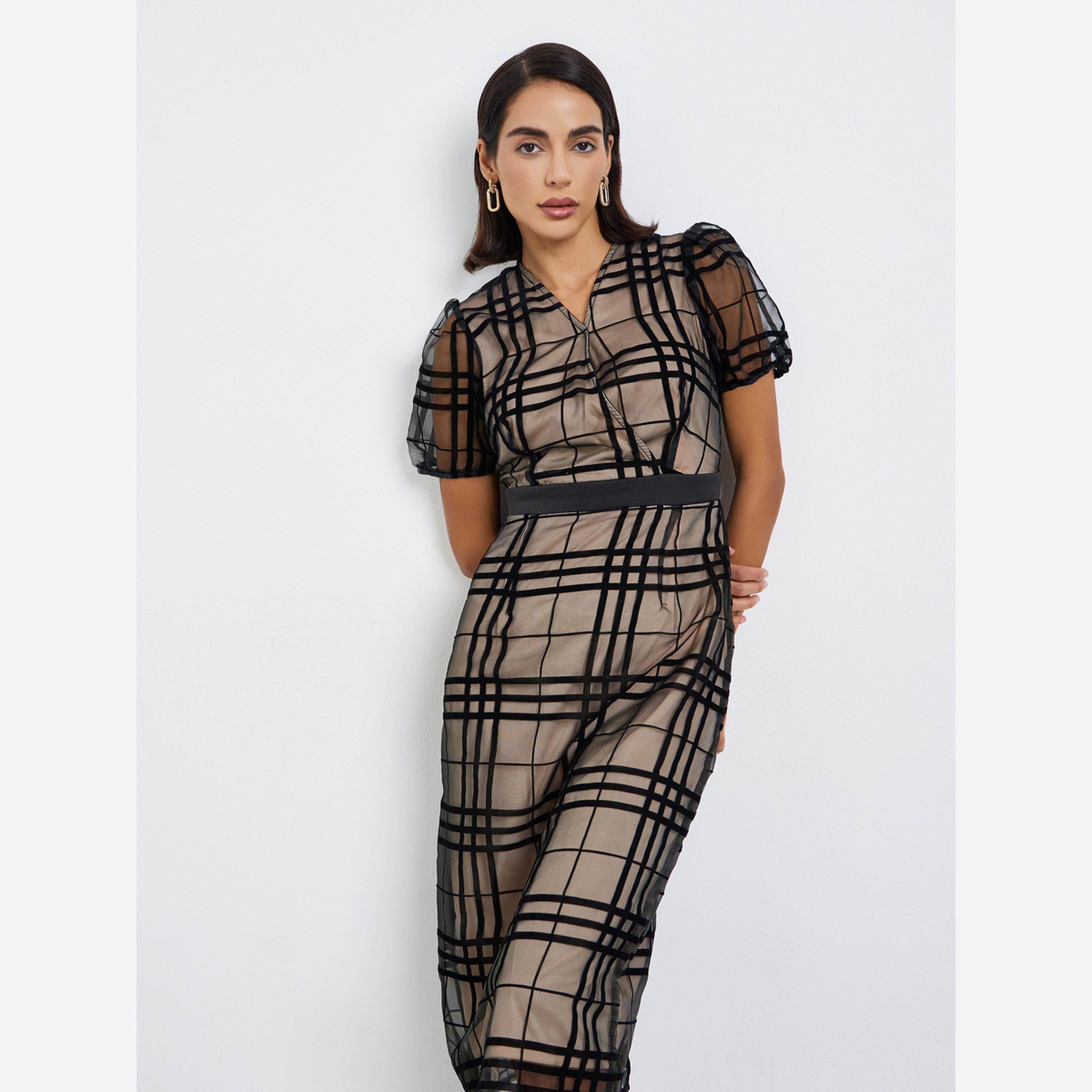 ستايلي - فستان متوسط الطول لون أسود من الأورجانزا المخملي-women-clothing-dresses-image-2