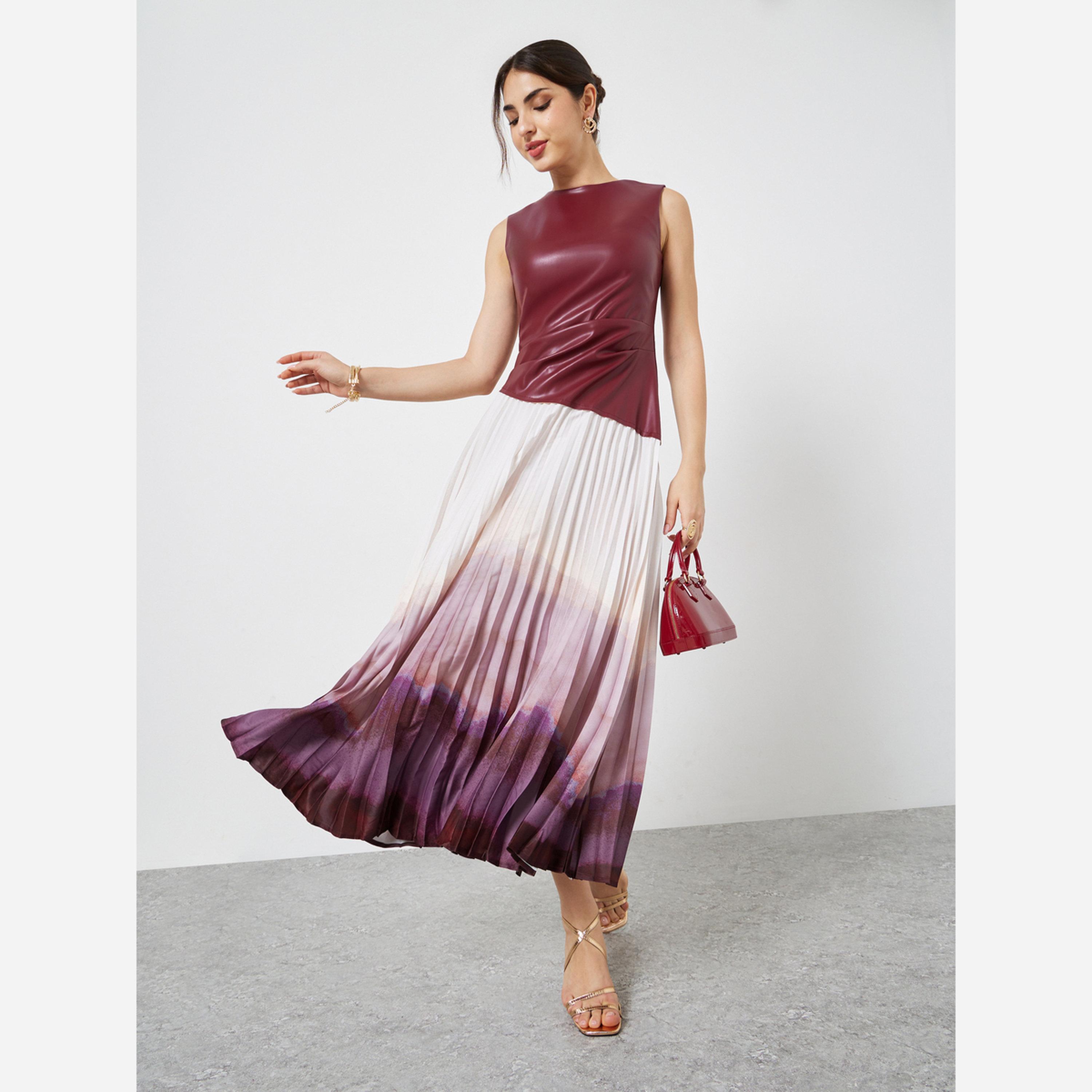 ستايلي - فستان متوسط الطول بدون أكمام تصميم A لون برغندي متداخل-women-clothing-dresses-image-1