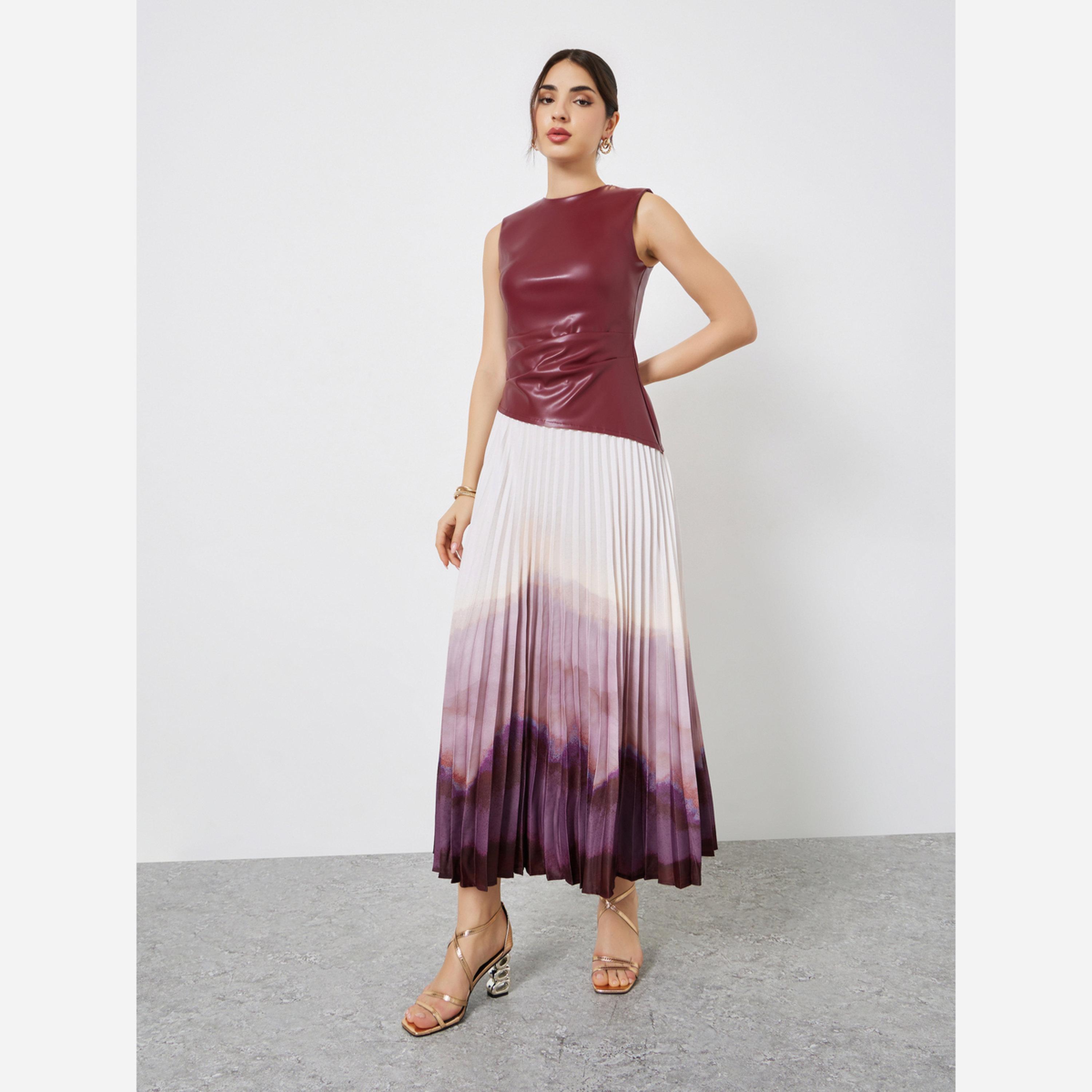 Styli Burgundy Color Block Sleeveless A-Line Maxi Dress-women-clothing-dresses-image-2