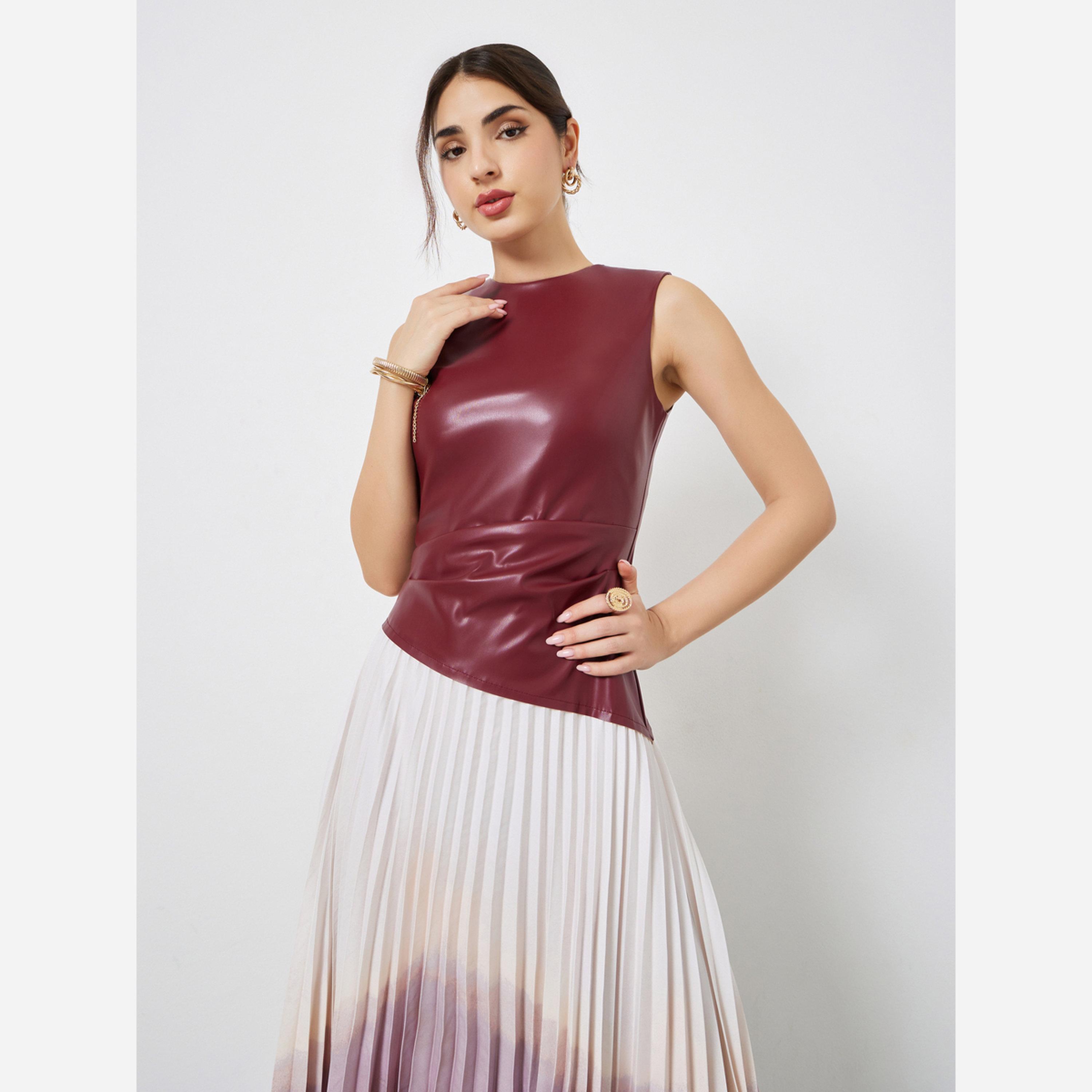 Styli Burgundy Color Block Sleeveless A-Line Maxi Dress-women-clothing-dresses-image-4