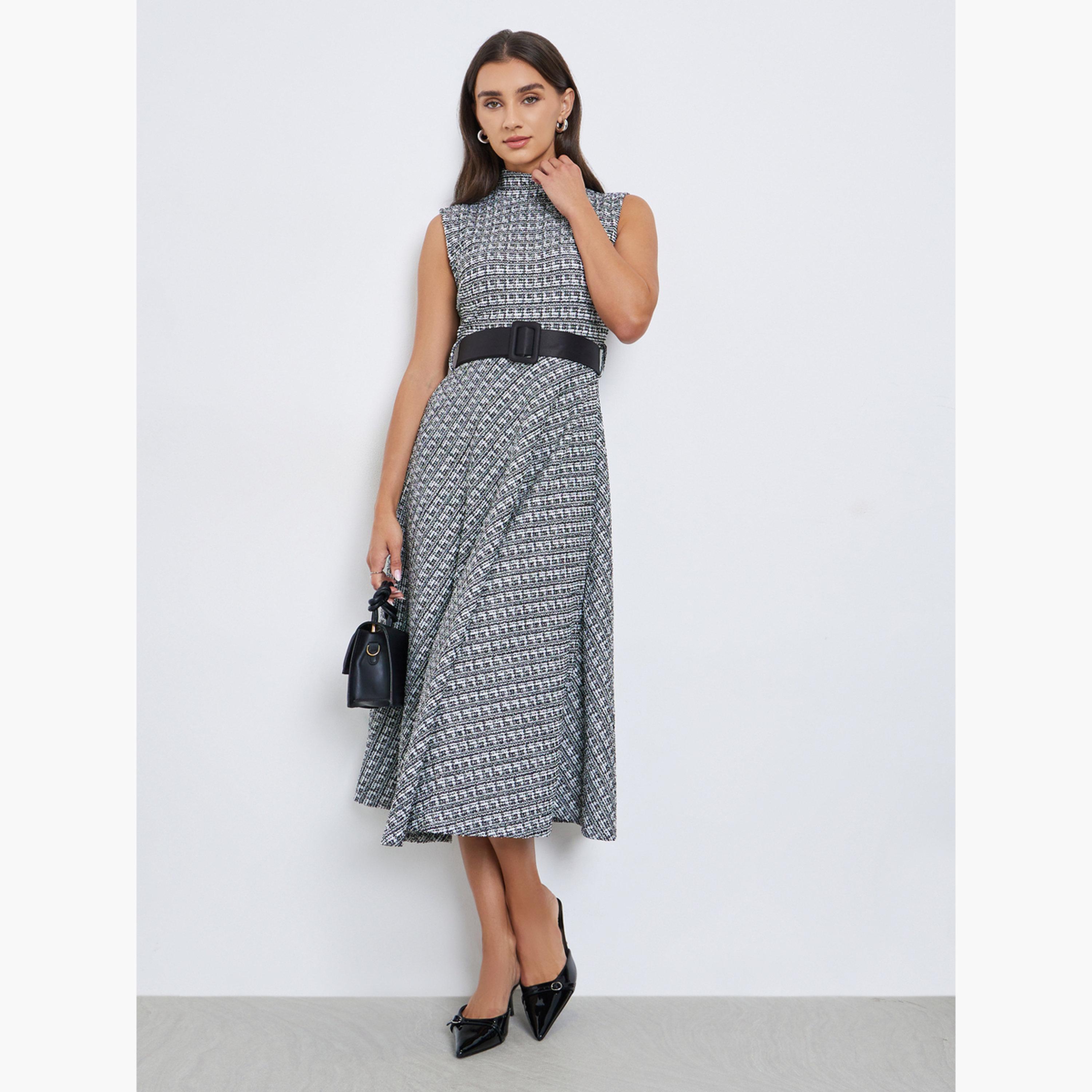 Styli Black and White Belted Sleeveless A-Line Midi Dress-women-clothing-dresses-image-1