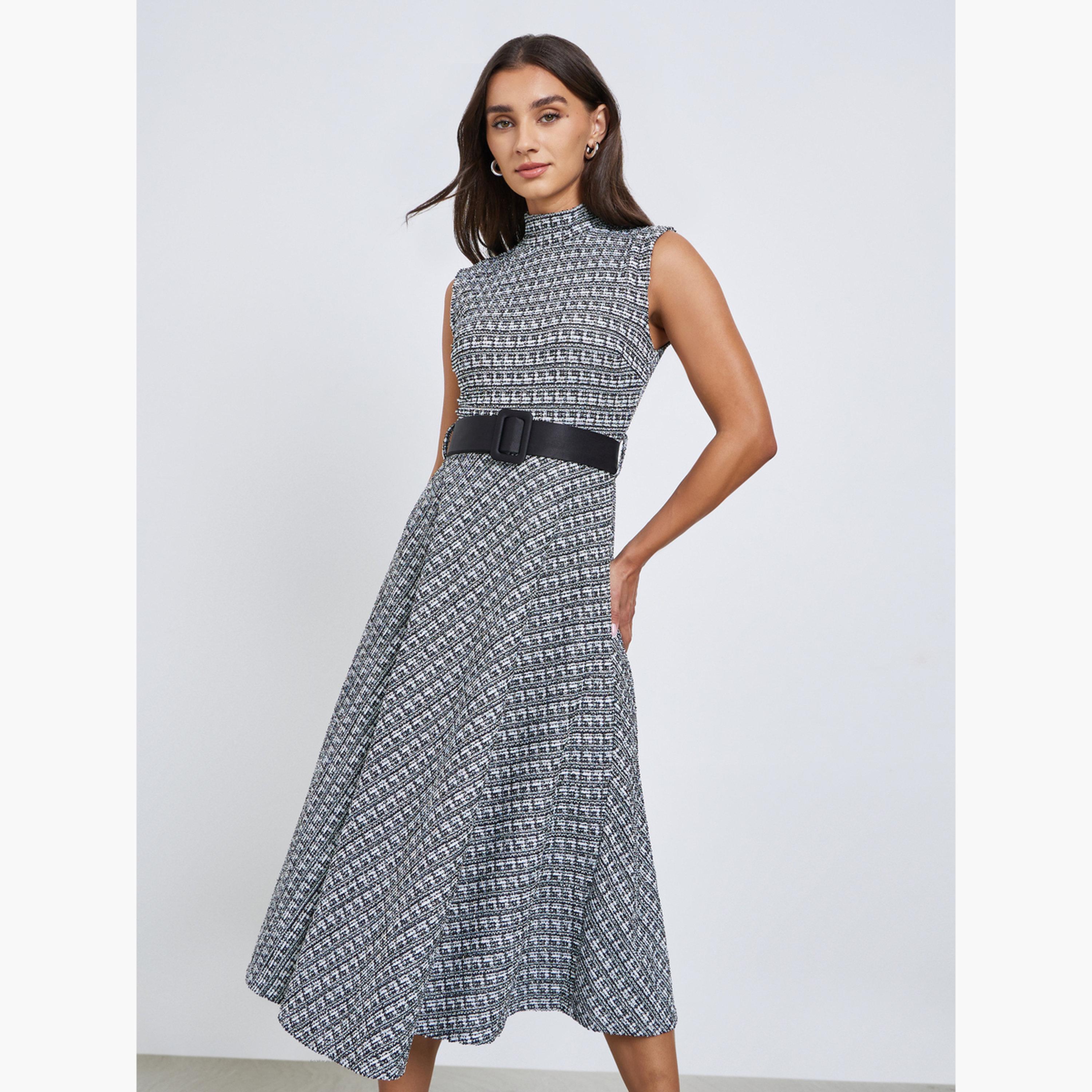 Styli Black and White Belted Sleeveless A-Line Midi Dress-women-clothing-dresses-image-2