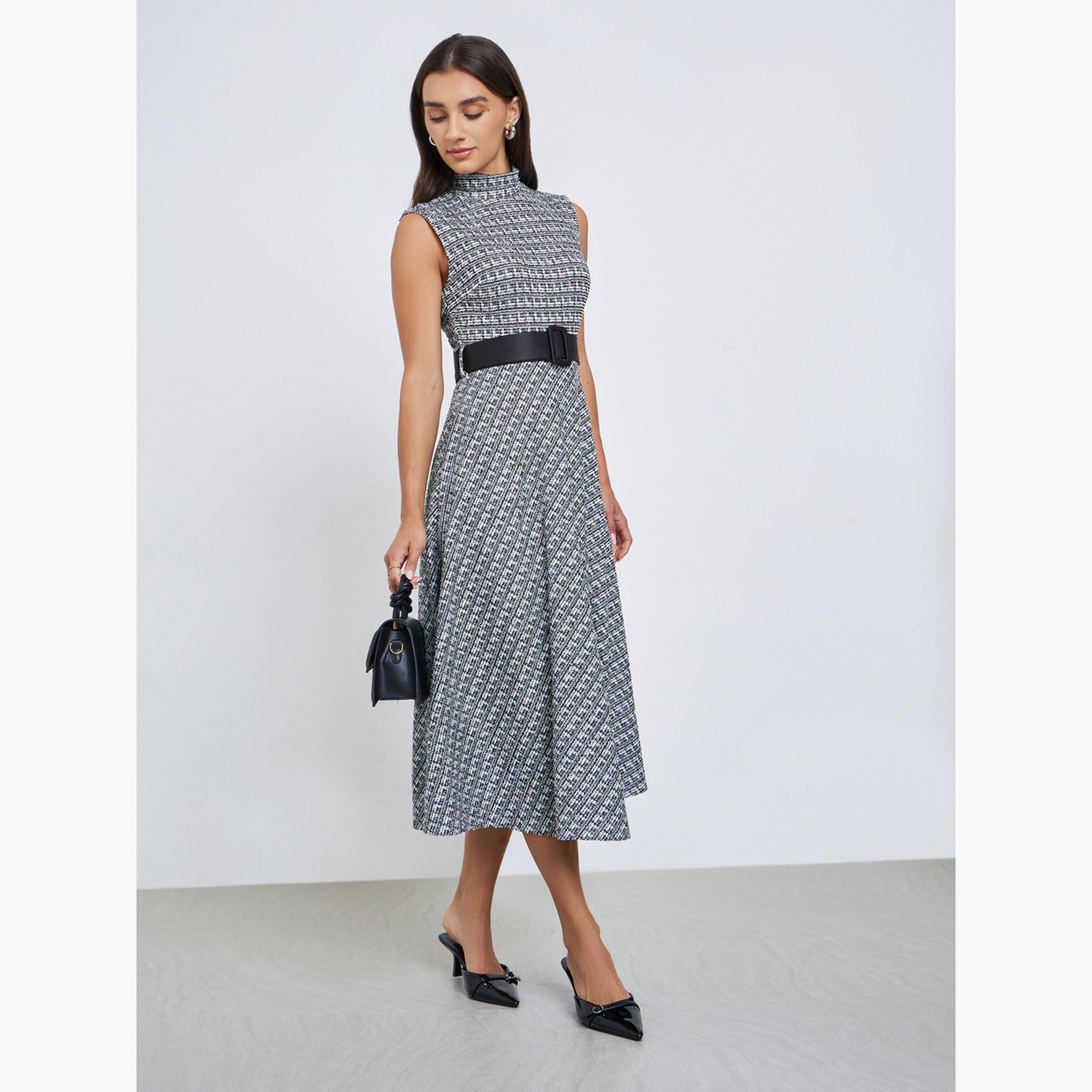 Styli Black and White Belted Sleeveless A-Line Midi Dress-women-clothing-dresses-image-3